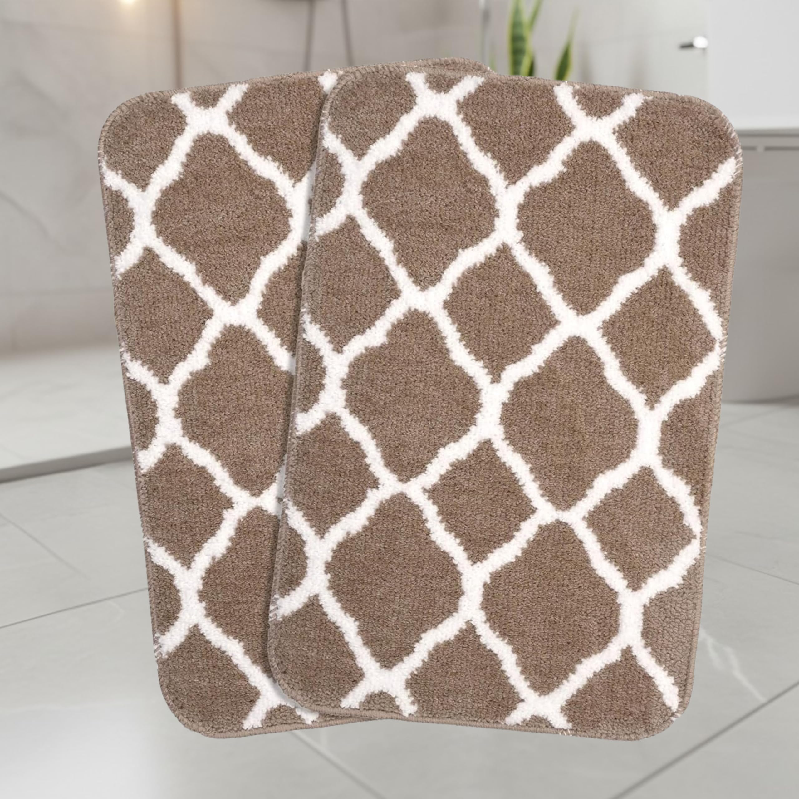 Saral Home Soft Anti Slip Microfiber Geometric Bathmats | Bath Mat with Rubber Bottom | Soft & Super Water Absorbent Mats for Shower | Quick-Drying Mats for Kitchen Bathroom| Set of 2 (40x60cm, Beige)