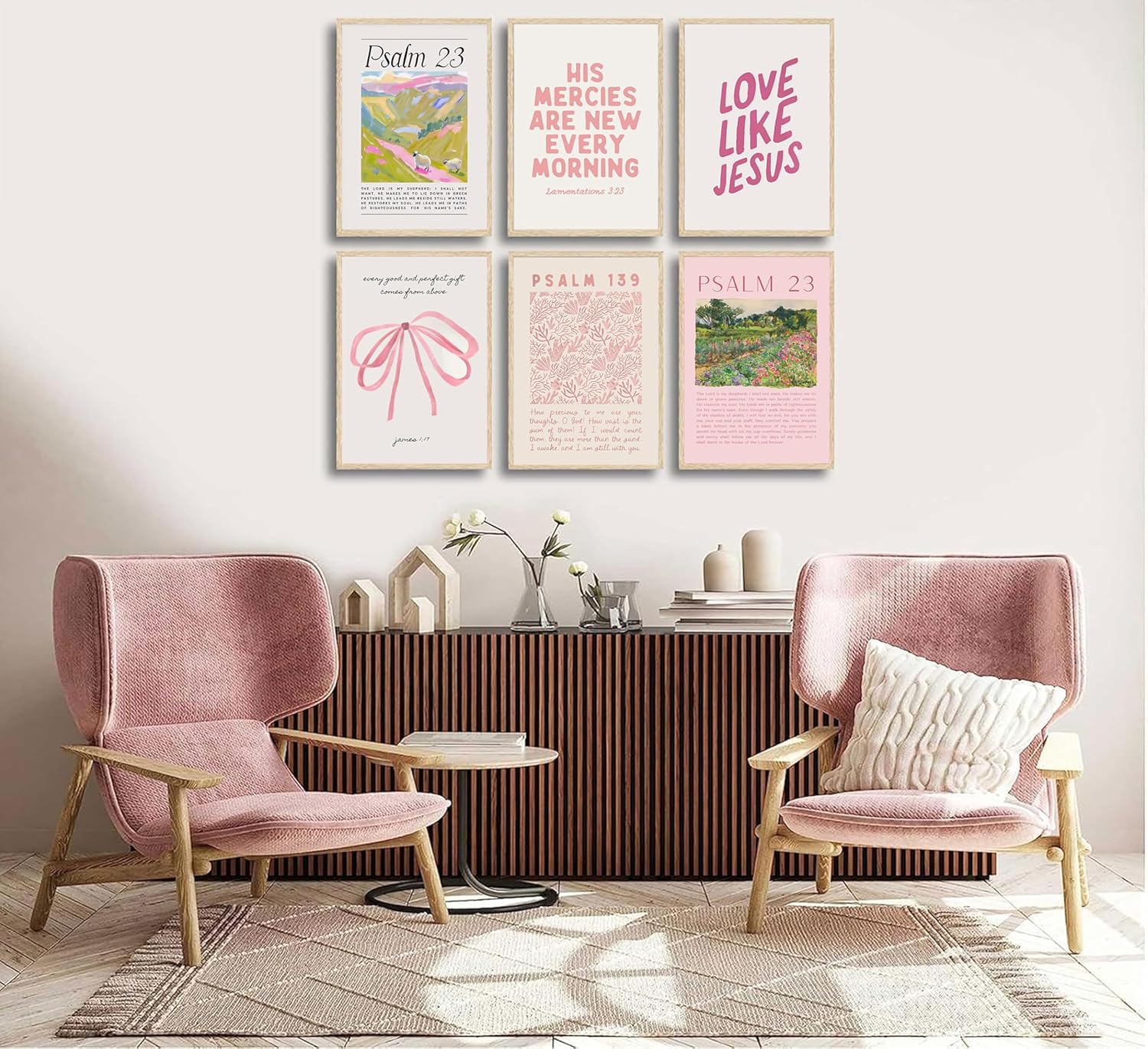 6Pcs Christian Wall Art Pink Bible Verse Canvas Bow Paintings Cute Preppy Posters Coquette Aesthetic Prints Trendy Scripture Jesus Picture Wall Decor for Bedrooms living Room Dorm Unframed