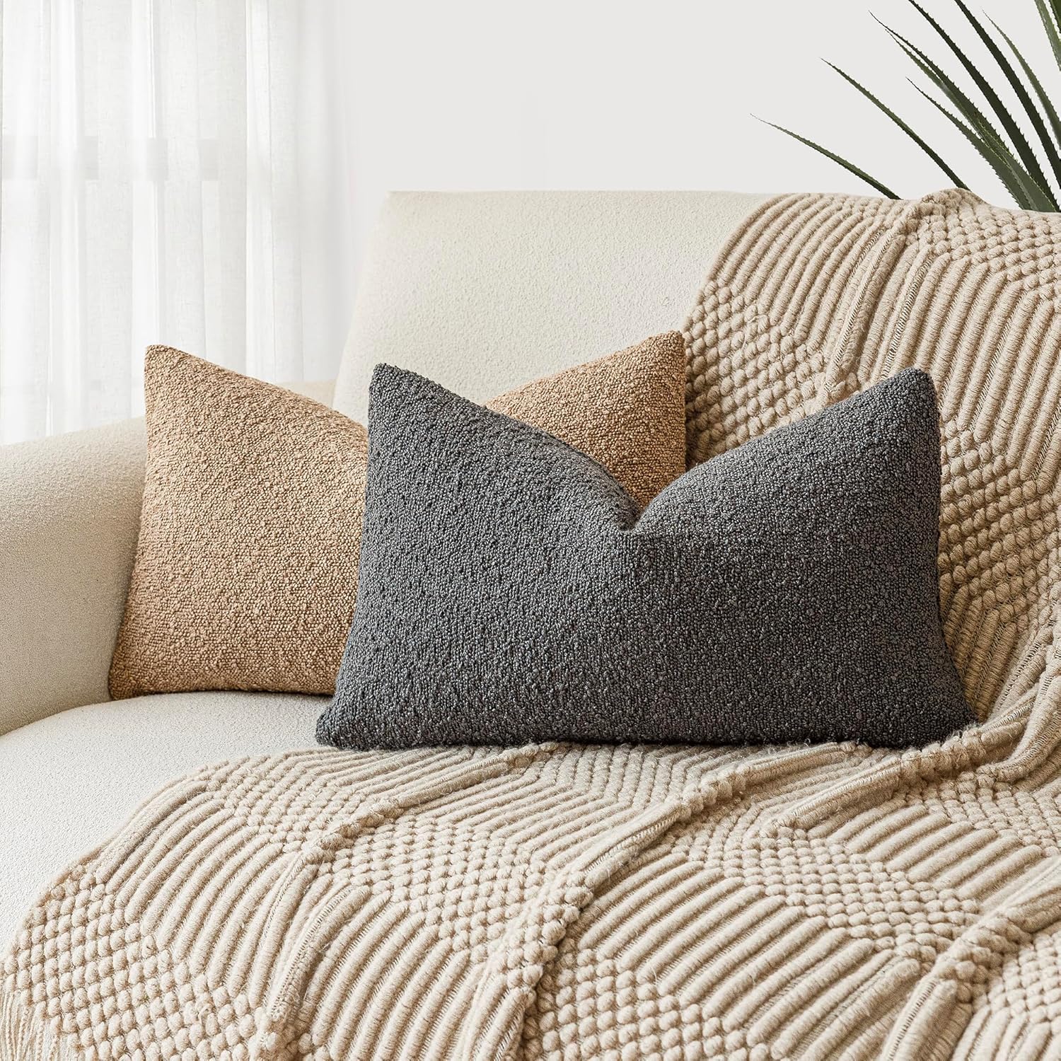 Foindtower Textured Boucle Throw Pillow Covers Accent Solid Lumbar Pillow Cases Cozy Soft Decorative Couch Cushion Case for Chair Sofa Bedroom Living Room Home Decor, 12 x 20 Inch,Dark Grey - Image 6