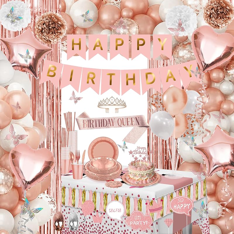 Birthday Decorations for Women or Girl,Rose Gold Balloons Birthday Decorations for Girl Kit Disposable Dinnerware Set with 25 Guest,Banner Balloon,Tiara,Sash,Pump,Photo Props and Butterfly Decorations