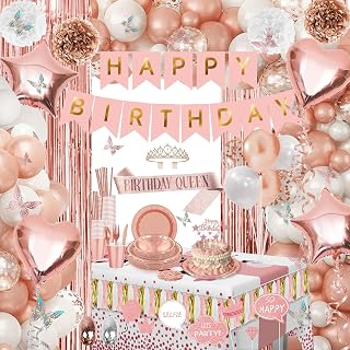 Birthday Decorations for Women or Girl,Rose Gold Balloons Birthday Decorations for Girl Kit Disposable Dinnerware Set with 25 Guest,Banner Balloon,Tiara,Sash,Pump,Photo Props and Butterfly Decorations