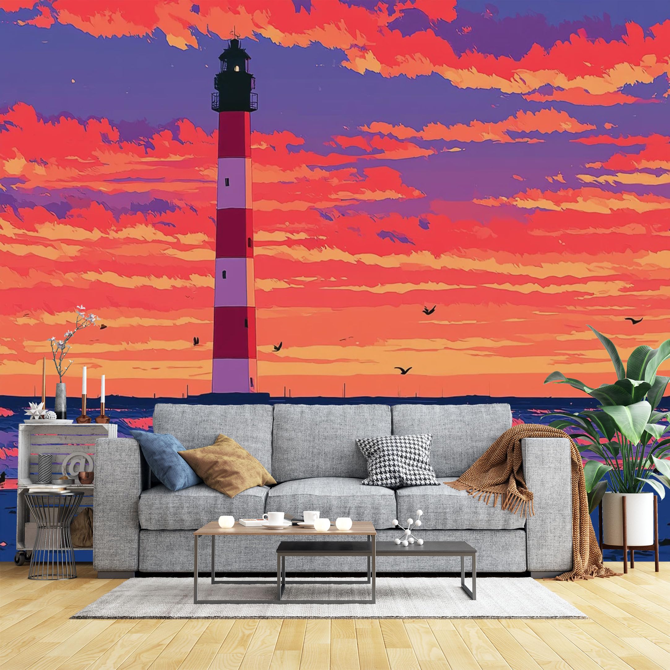 Custom Size Wall Murals Lighthouse at Sunset Wall Murals Coastal Scenery Wallpaper, 3D Self-Adhesive Removable Wallpaper for Living Room