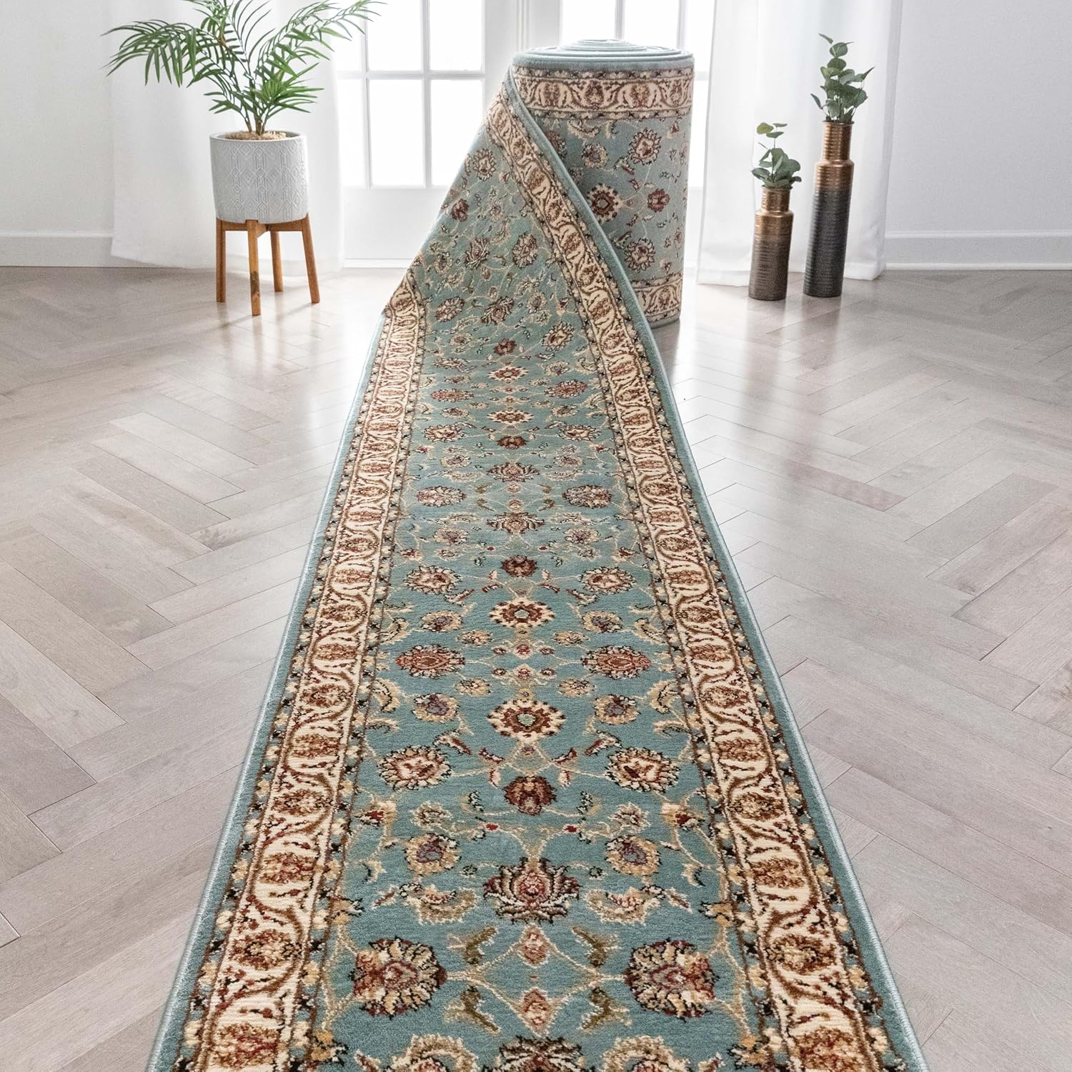 Well Woven Custom Size Hallway Stair Runner - Choose Your Custom Length - Noble Sarouk Light Blue Oriental 27 Inch Wide x 15 Feet Long Runner (27" x 15') Traditional Floral Carpet