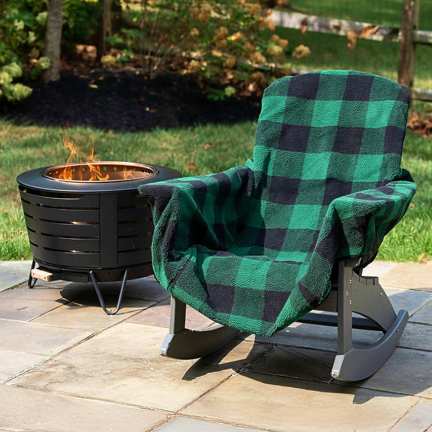 CITYBONFIRES The Chair Blanket  Reversible, Waterproof & Fleece-Lined - Stretchable Elastic Back - Original Patio Chair Cover  Ideal for Homes and Outdoor Furniture- with Carry Pouch (Green Plaid)