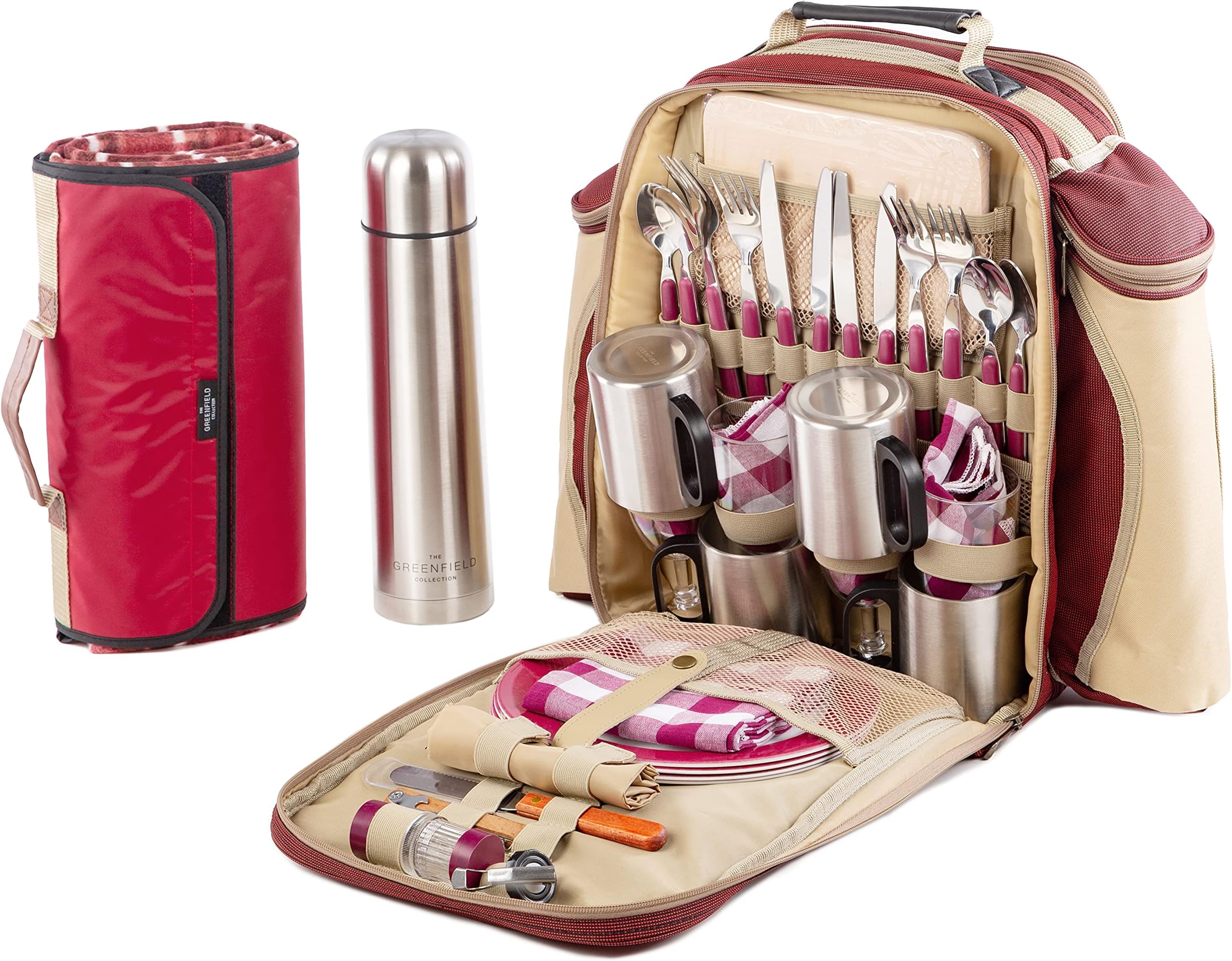 Greenfield Collection 4 Person Deluxe Picnic Essentials Bundle Includes Rucksack, Picnic Blanket & 1 Litre Insulated Flask Set, Coolbag Backpack Hamper for Camping & Hiking - Mulberry Red