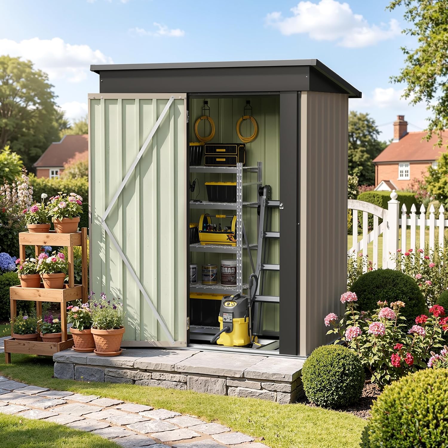 GUNJI 5 x 3 FT Shed Outdoor Storage Shed Metal Garden Shed with Lockable Door Outside Waterproof Tool Shed for Backyard, Patio, Lawn (Brown)