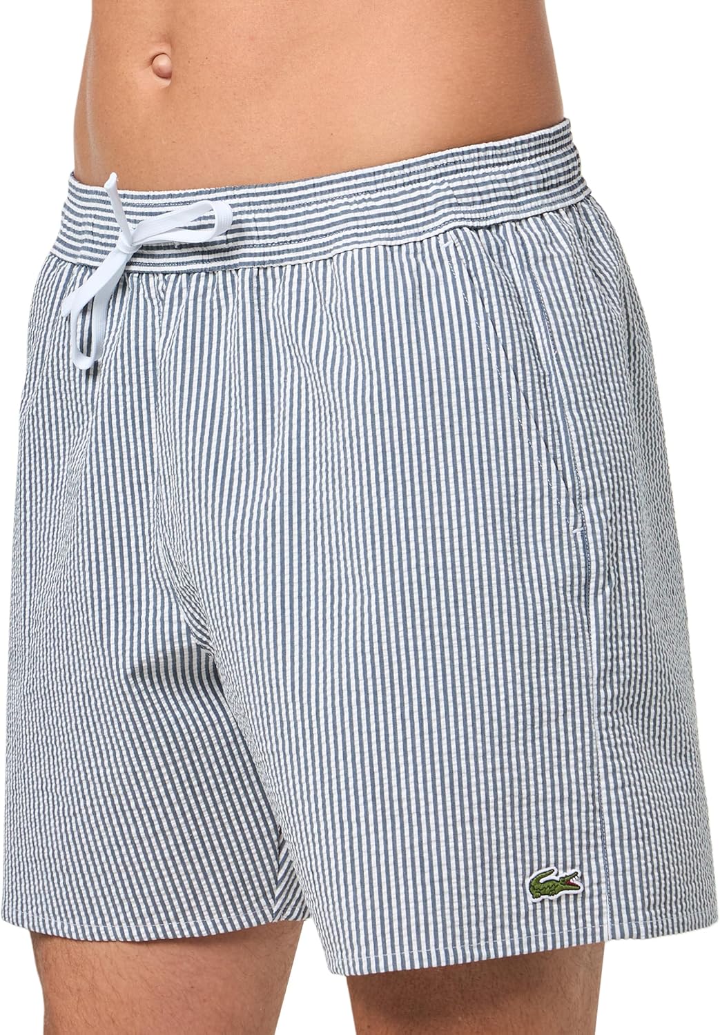 Lacoste Men's Mid Length Striped Textured Swim Trunks