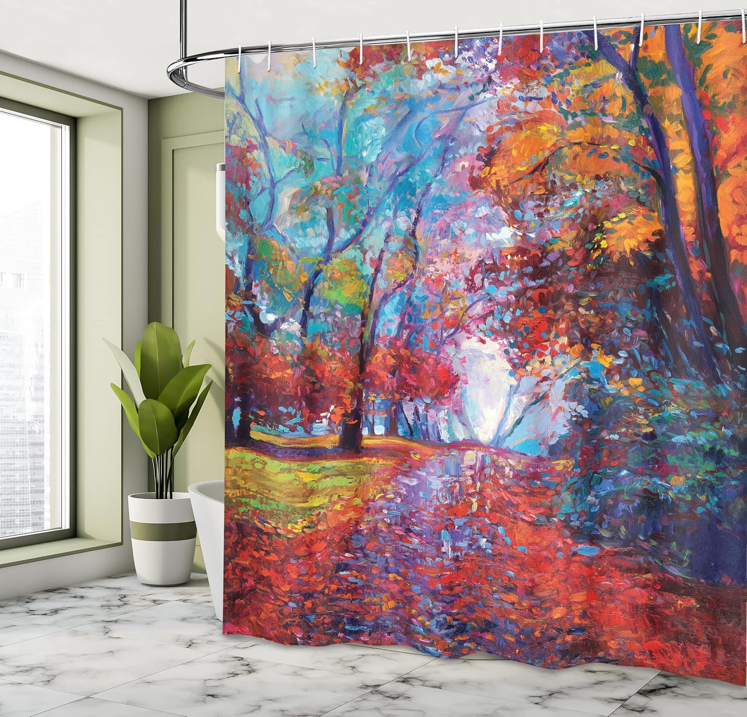 Ambesonne Country Shower Curtain, Colorful Paint of Park in Fall View of The Earth in Oil Painting Style Print, Cloth Fabric Bathroom Decor Set with Hooks, 69" W x 70" L, Burnt Orange Dark Coral
