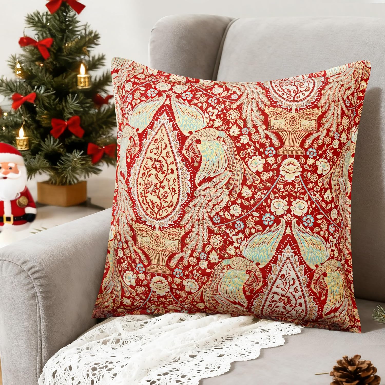 DriftAway Christopher Floral Quilted Pillow Covers Vintage Peacock Printed Pattern Decorative Square for Home Sofa Bedroom Bed Decor 26 x 26 Inches 2PC Red