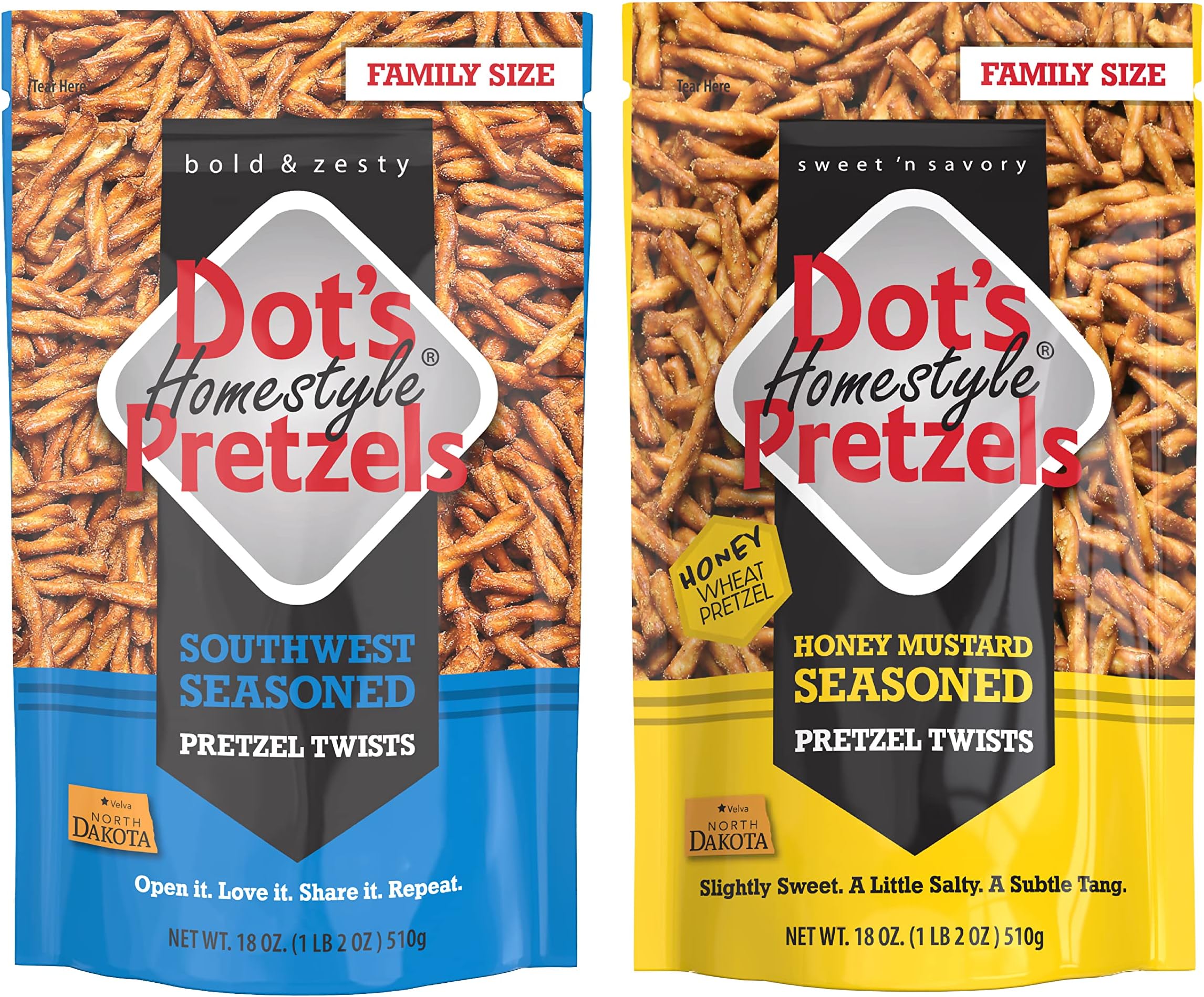 Dot's Homestyle Pretzels 18 Ounce Family Size Honey Mustard & Southwest Seasoned Pretzel Twists Variety Pack (2 Pack)