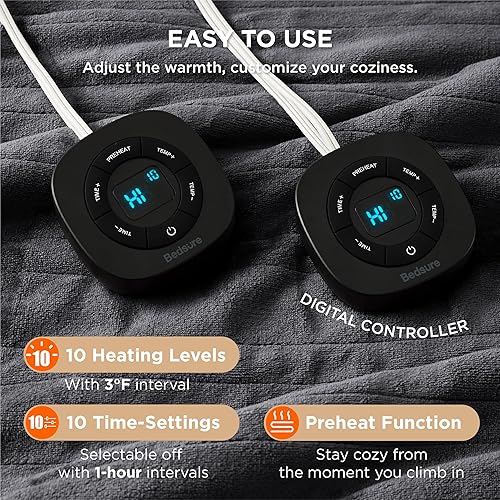 Vista 336 de Bedsure - Manta eléctrica tamaño matrimonial; térmica, de franela suave, calentamiento rápido, 10 ajustes de tiempo y 6 ajustes de calor; regalo 01