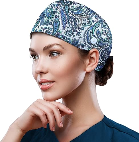 Miniatura 62 de QBA Adjustable Working Cap with Button, Cotton Working Hat Sweatband, Elastic Bandage Tie Back Hats for Women & Men, One