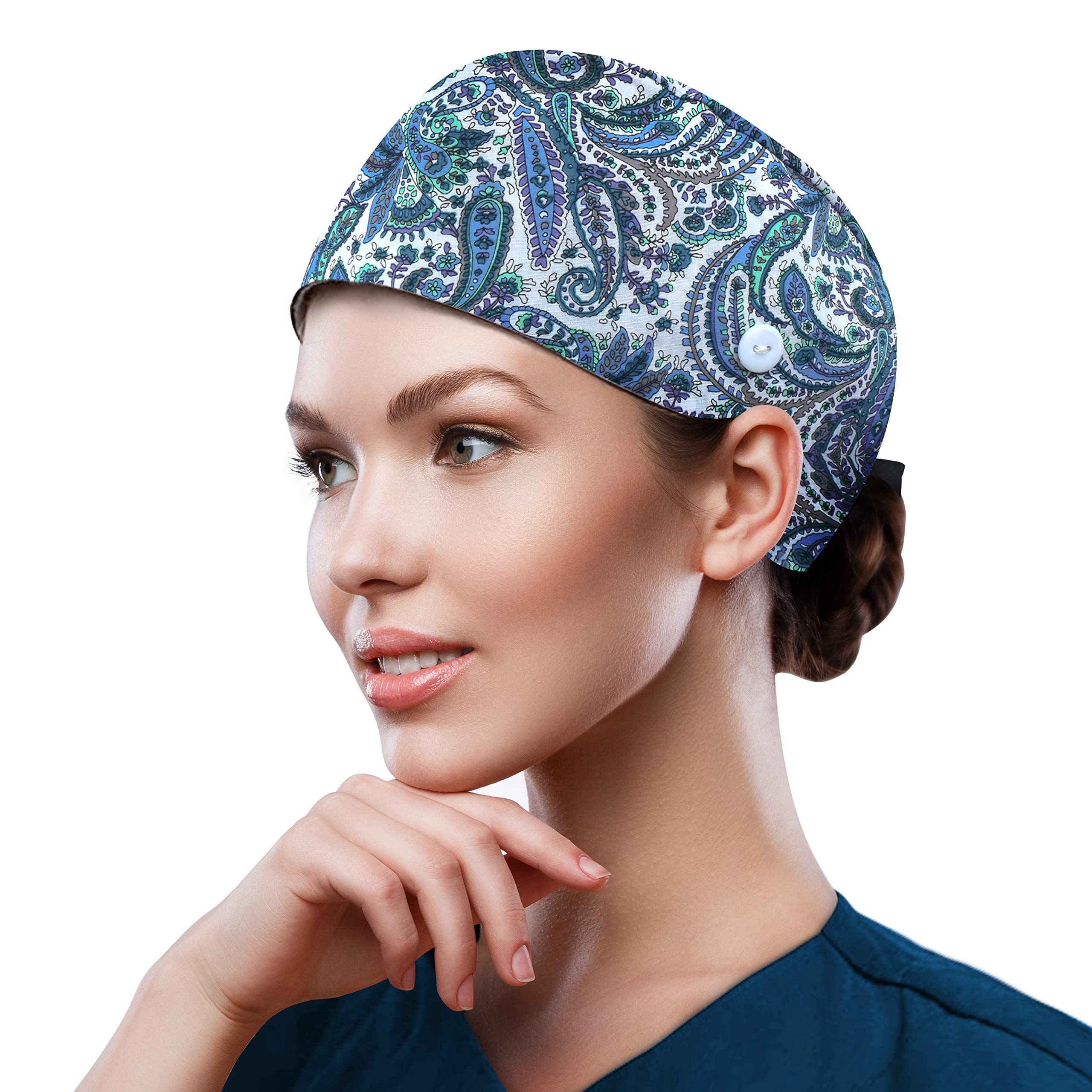 QBA Adjustable Working Cap with Button, Cotton Working Hat Sweatband, Elastic Bandage Tie Back Hats for Women &amp; Men, One Size