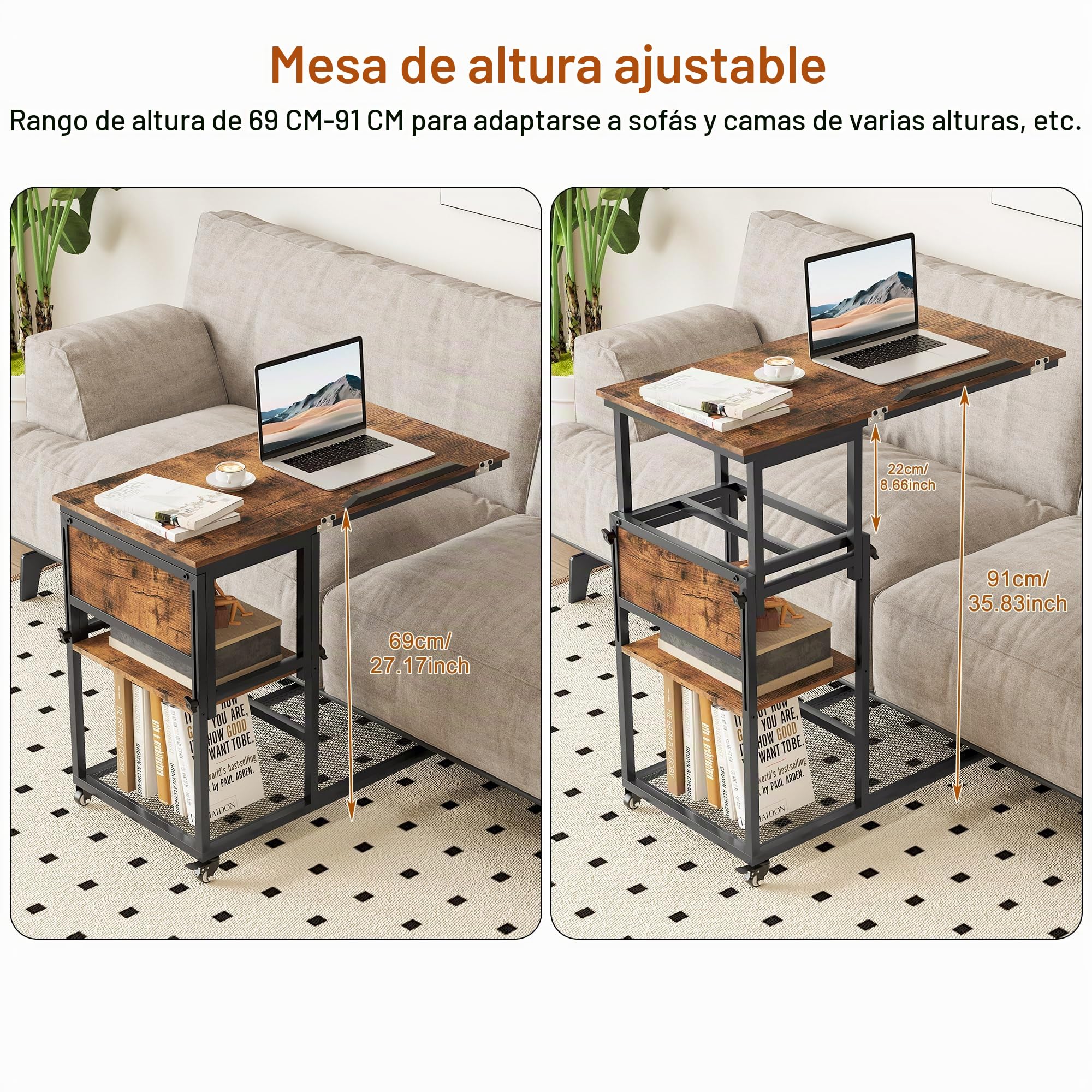 TQVAI Mesita Auxiliar en Forma de C, mesita de Altura Regulable con estantes de Almacenamiento sobre Ruedas y Tablero de Madera inclinable para salón, Dormitorio y sofá, Negro/Antiguo