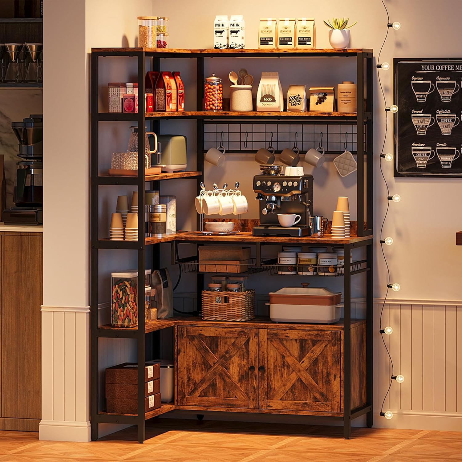 IRONCK Corner Bakers Rack with Power Outlet, Coffee Bar 6 Tier with Storage Cabinet, Vintage Industrial Microwave Stand with 6 Hooks, Kitchen Shelves with Wire Basket, Rustic Brown