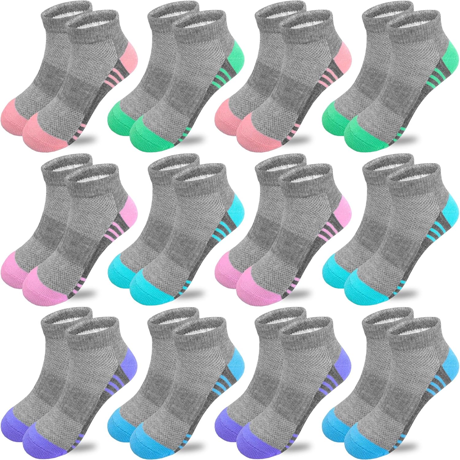 Bemeol Girls Socks 12 Pairs Kids Ankle Athletic Sock Cotton Sports Low Cut Socks
