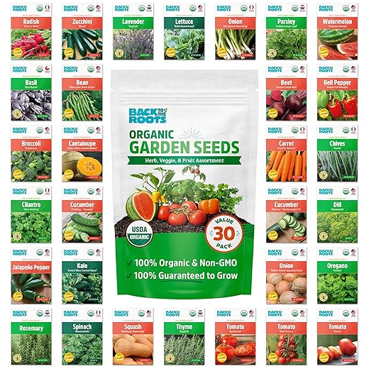 Back to the Roots Heirloom Organic, Non-GMO & USA Grown Seeds, 30ct Herb, Fruit, Flowers, and Veggies, Assortment May Vary, Guaranteed to Grow