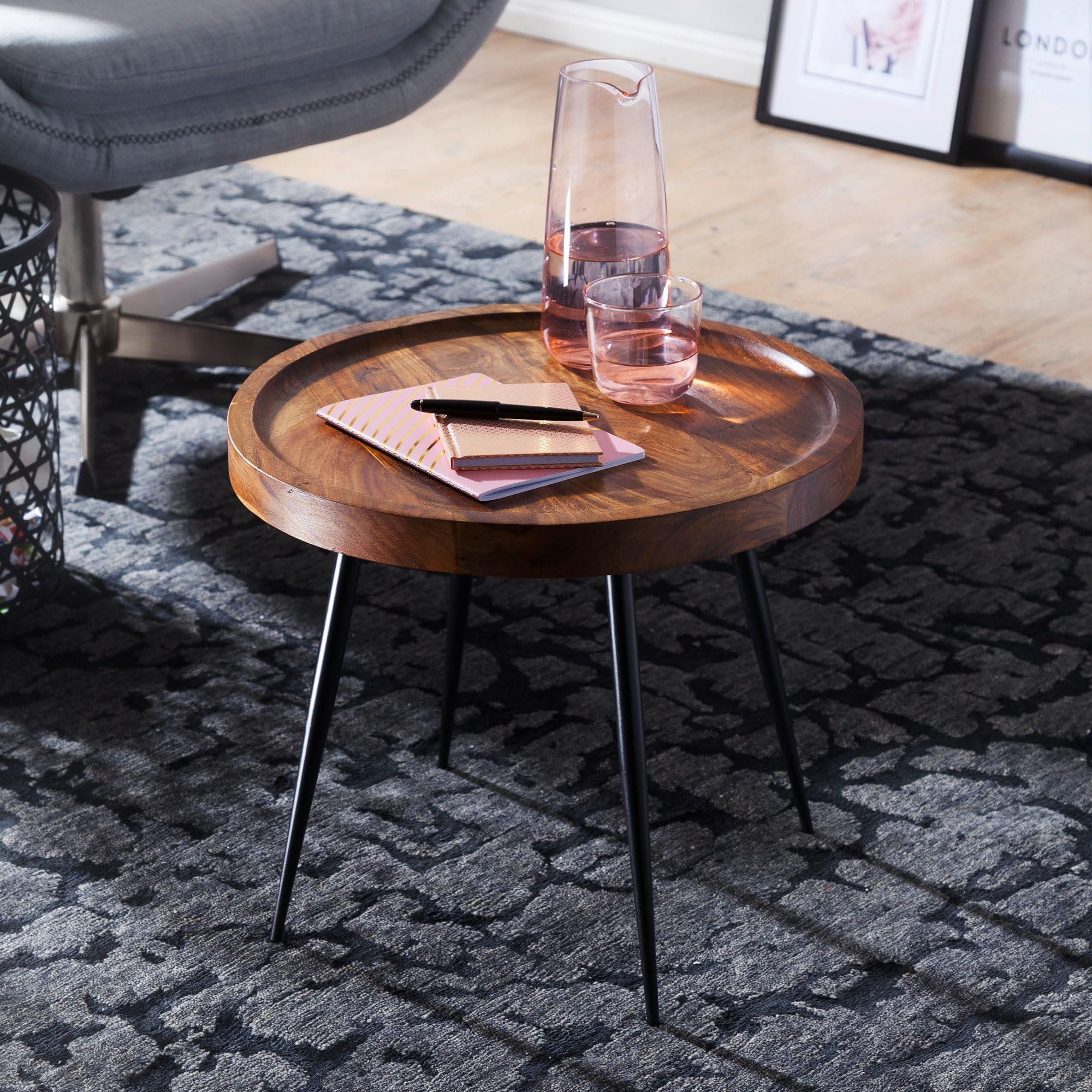 FineBuy Tavolino Rotondo 46x46x40 cm Sheesham Massello, Industriale