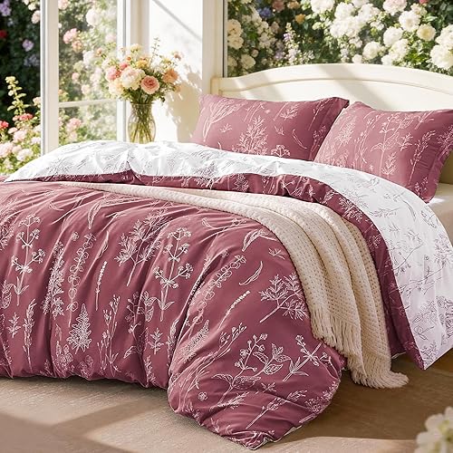 Love's cabin Vintage Rose Comforter Set Queen - Queen Size Comforter Set, 3 Pieces Cute Floral Bedding Sets for All Seasons,1 Soft Reversible Botanical Flowers Comforter and 2 Pillow Shams