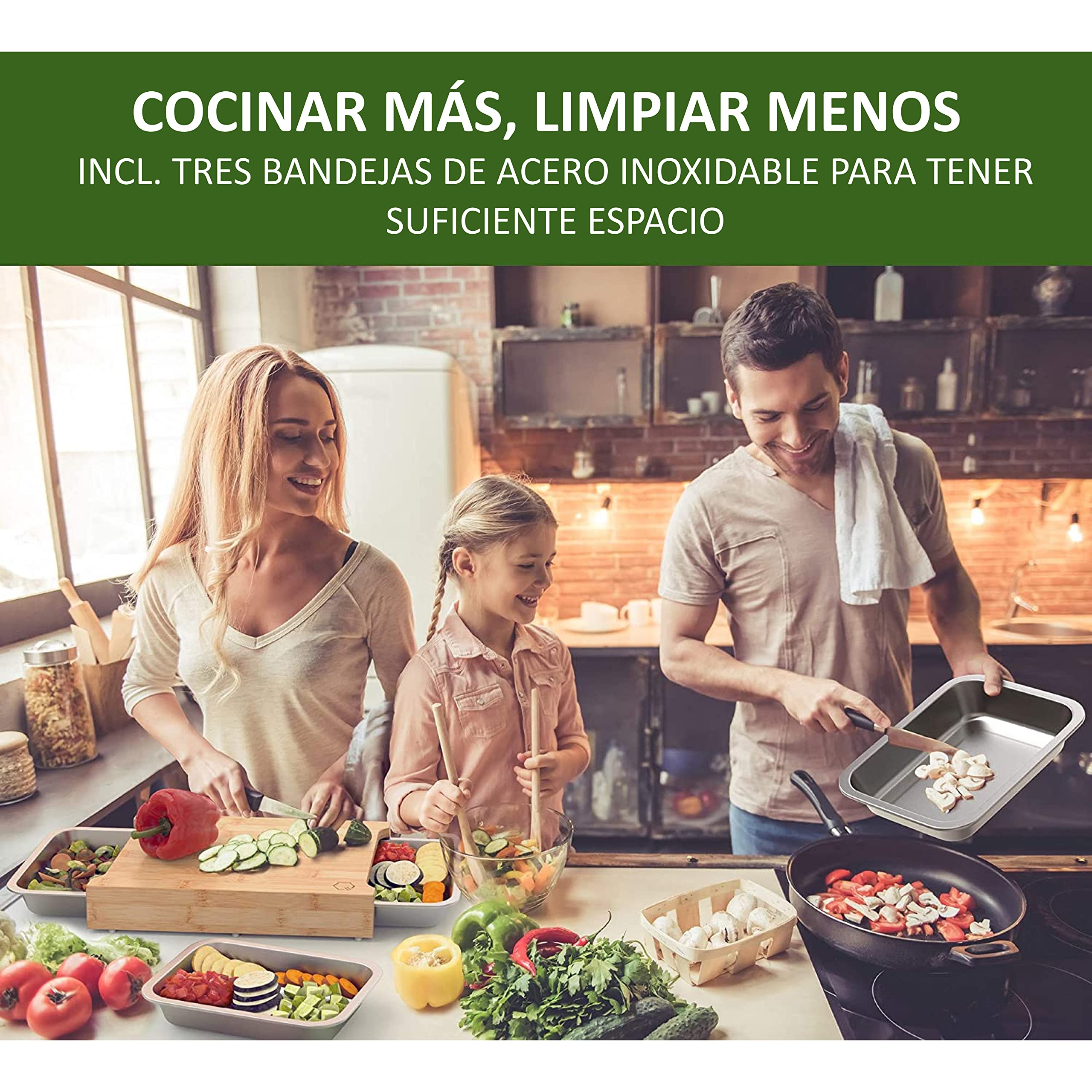 Premium Tabla de cortar con bandejas, bambú con 3 placas de cocción de acero inoxidable, apto para lavavajillas,Tabla de cortar de cocina multifuncional.