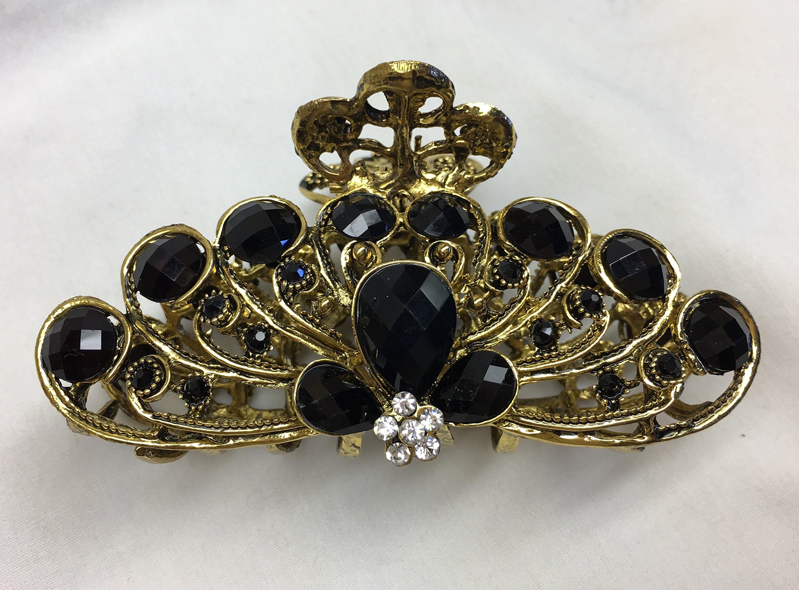 Gorgeous Vintage Jewelry Crystal Rhinestone Flower Design Fashion Hair Claw Clips Hair Jaws Hair Jaw Clips - X-large Size - Onyx Black Color -For Thick Hair Beauty Tool