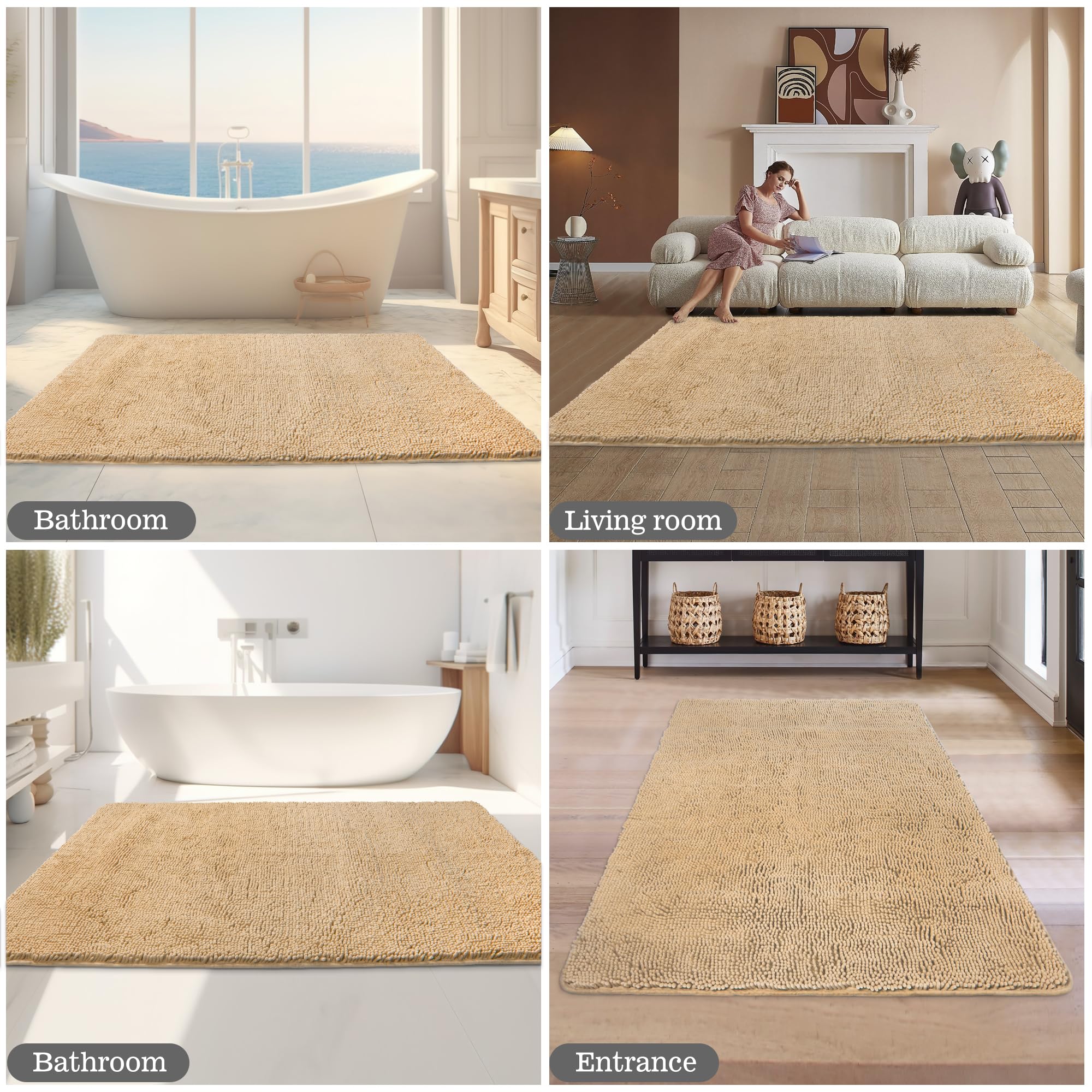 Yeaban Tappeto da bagno 101 x 152 cm, in ciniglia spessa, tappetino da bagno lungo, assorbente e lavabile, extra large, antiscivolo, morbido, per bagno, doccia, lavandino (crema avorio) - Vista 5