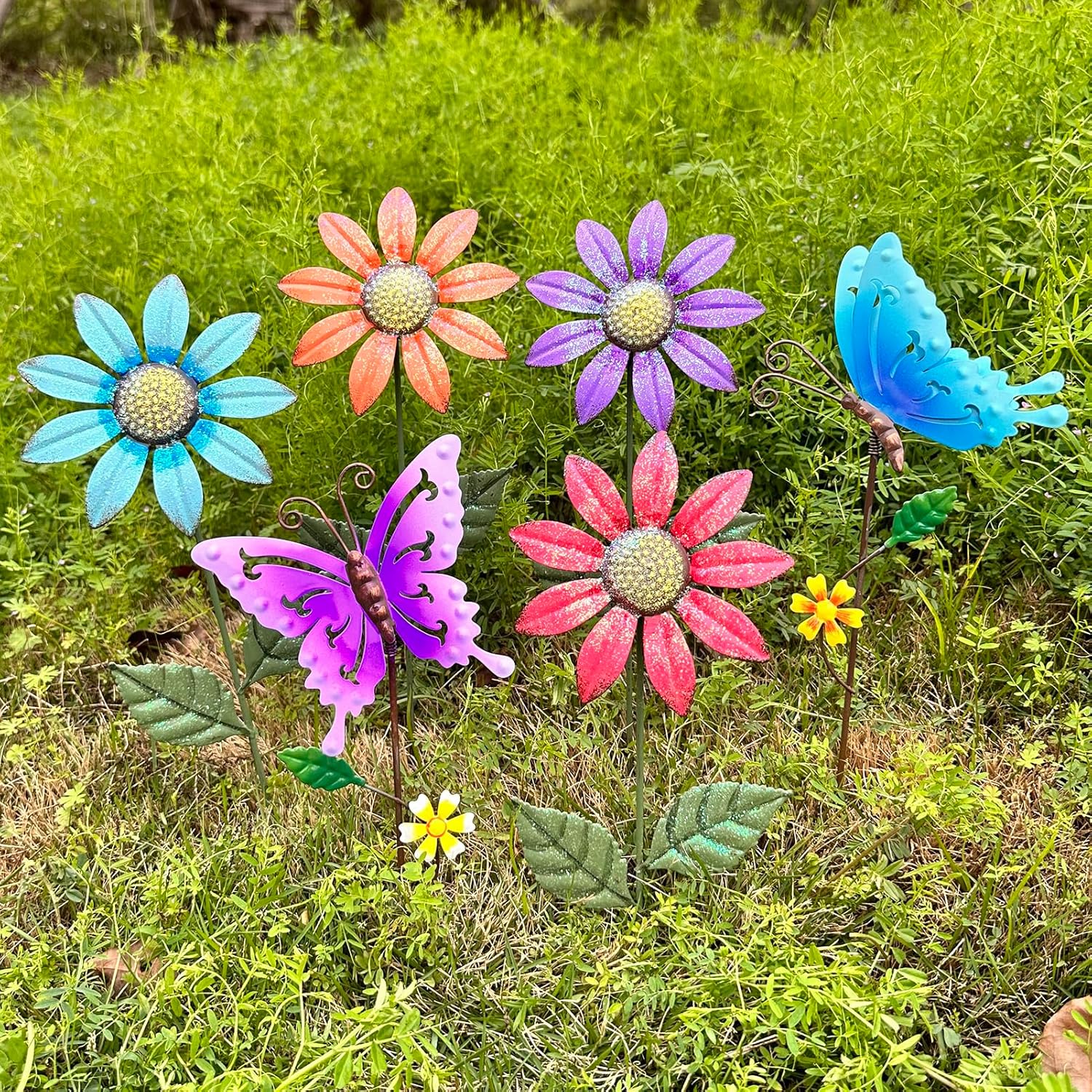 6Pack Metal Flowers for Outside，16.15 Inch Metal Flowers&Colorful Butterfly Decorative Garden Stakes for Spring Decor, Shaking Head Yard Art Garden Decorations for Outdoor Lawn Porch Pathway