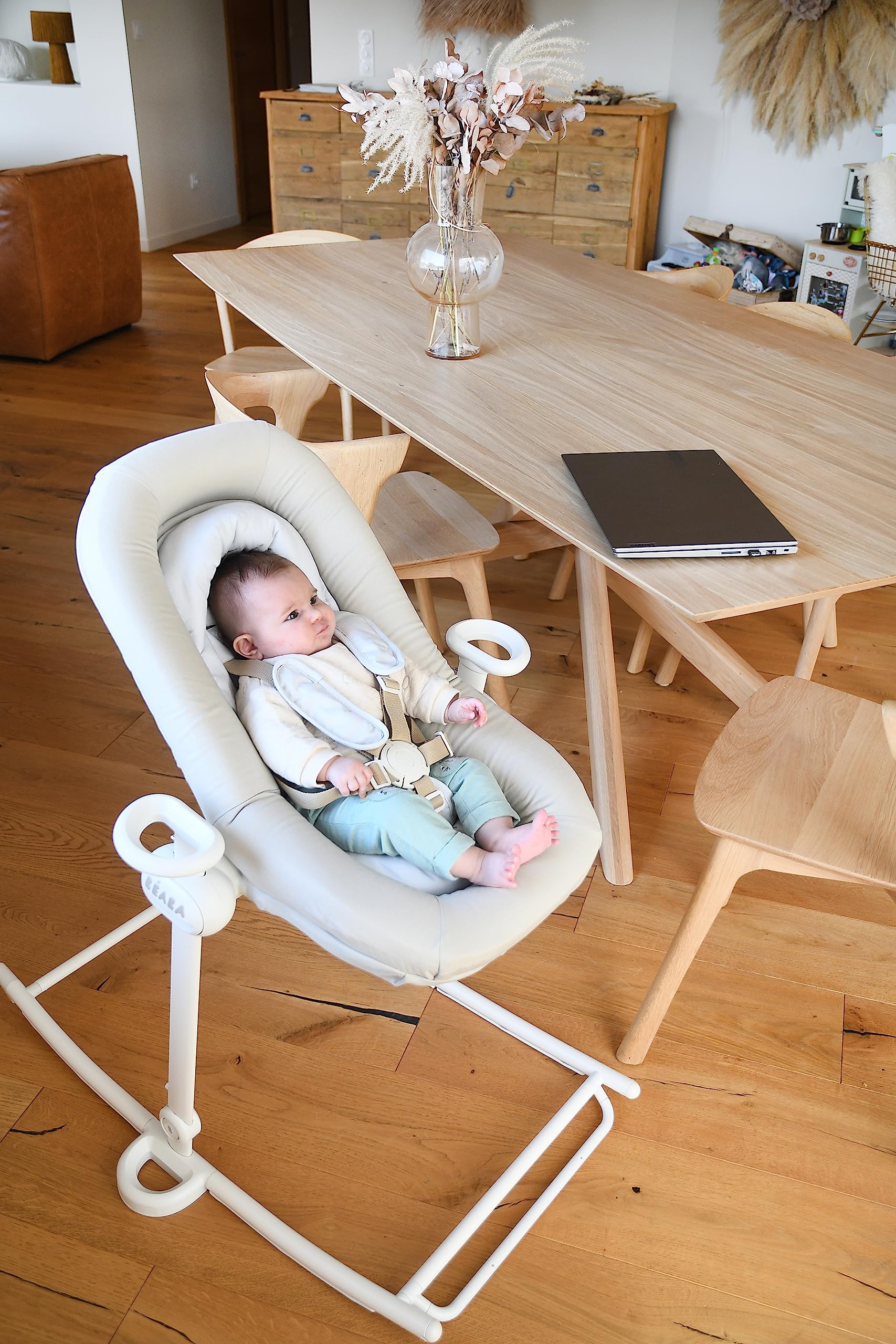 BÉABA Transat bébé Up&Down Plus 4 hauteurs 3 inclinaisons Réglable Pliable Réducteur Naissance Assise 100% Coton Harnais 5 points Greige