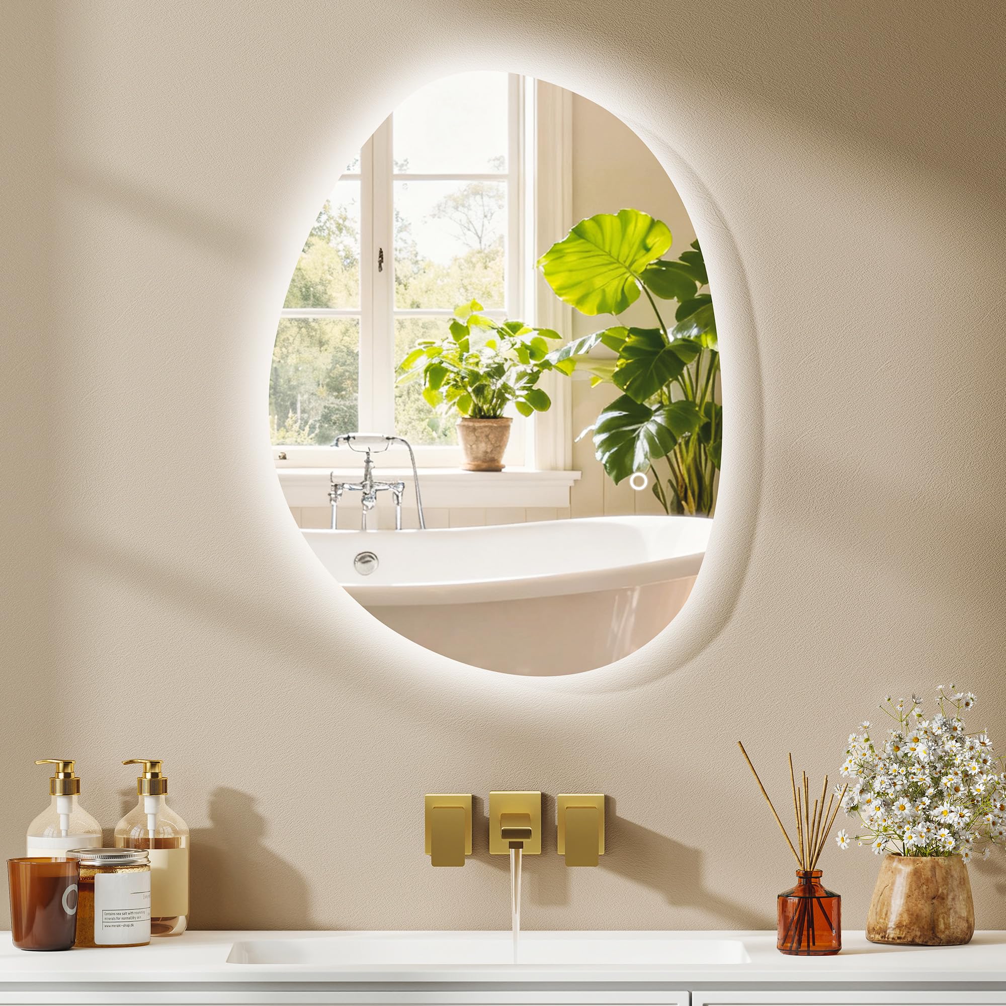 HOMCOM Miroir Salle de Bain LED 70 x 50 cm Mural Asymétrique Anti-buée 3 Couleurs Dimmable IP44 Argenté
