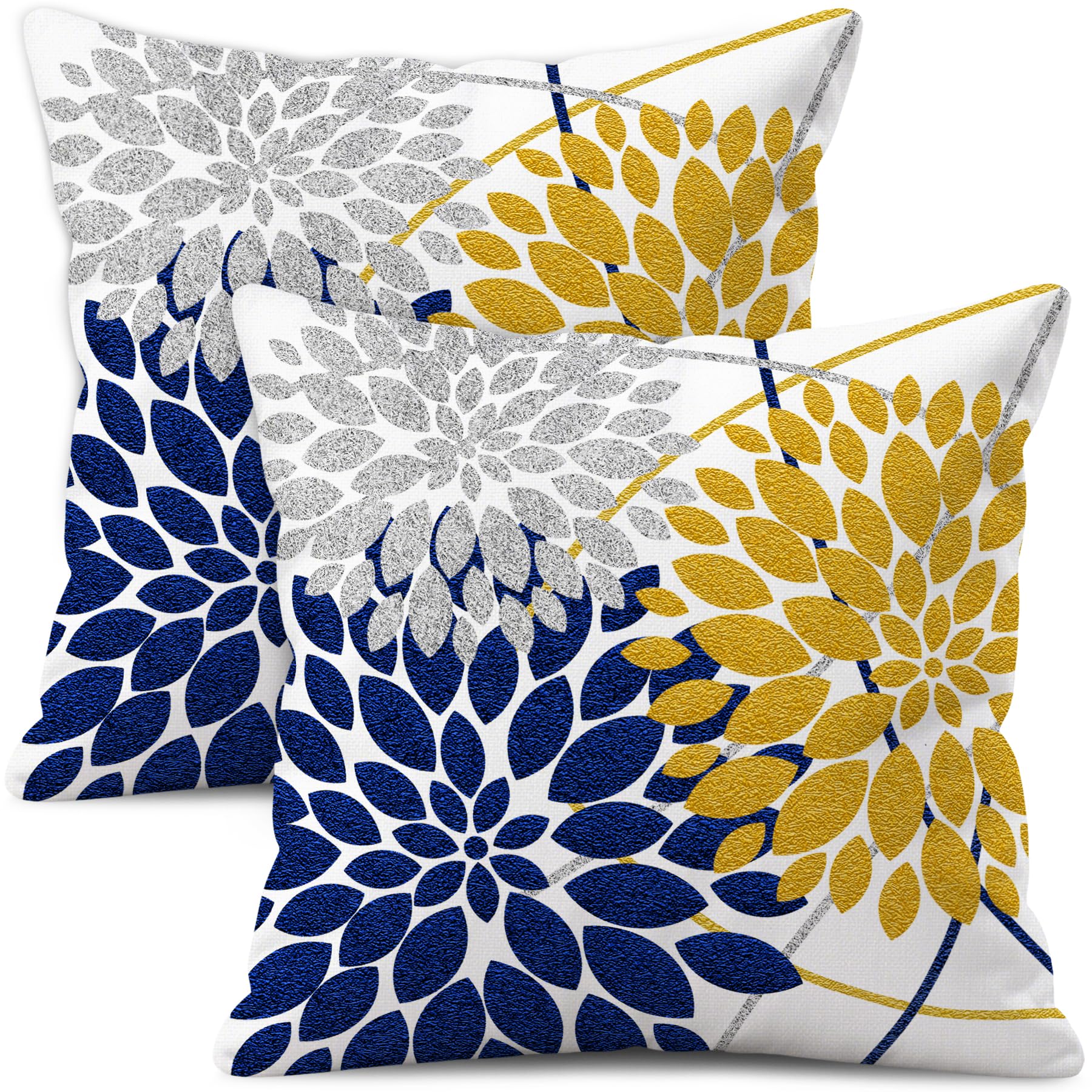 Decorative Throw Pillow Covers Set of 2 Double-Sided 16x16 inch White Linen Yellow Navy Blue Silver Grey Pillow Cases Farmhouse Indoor Outdoor Modern