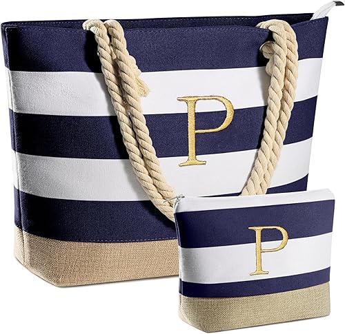 YOOLIFE Regalos para mujeres, bolsa de playa con inicial, regalos de playa azul y bolsa de maquillaje, regalos de cumpleaños personalizados para