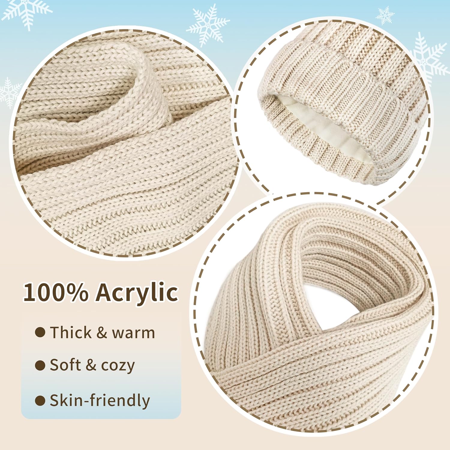 Winter Warm Hat Scarf Glove Set for Women,Fleece Lined Winter Beanie 3 in 1 - Beige Thermal Women Beanie with Pom - Image 5