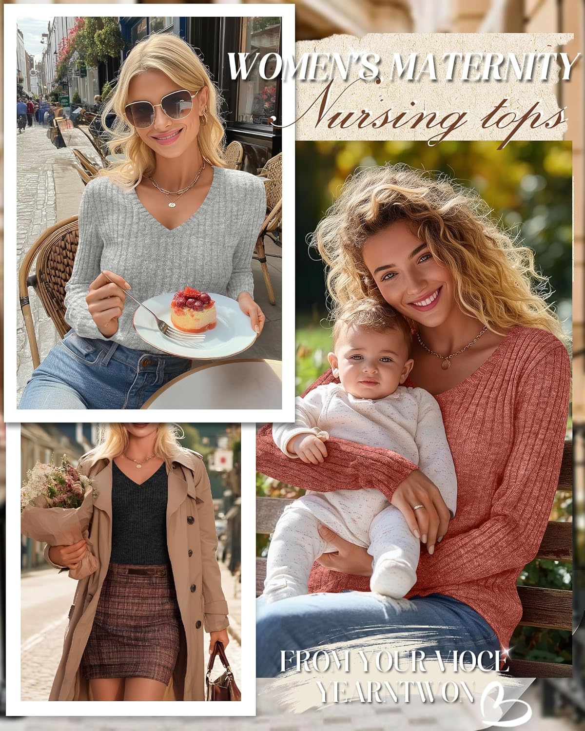 4 Pack Women's Maternity Nursing Tops, V Neck Breastfeeding Sweaters Long Sleeve Hidden Zipper Shirts - Image 5