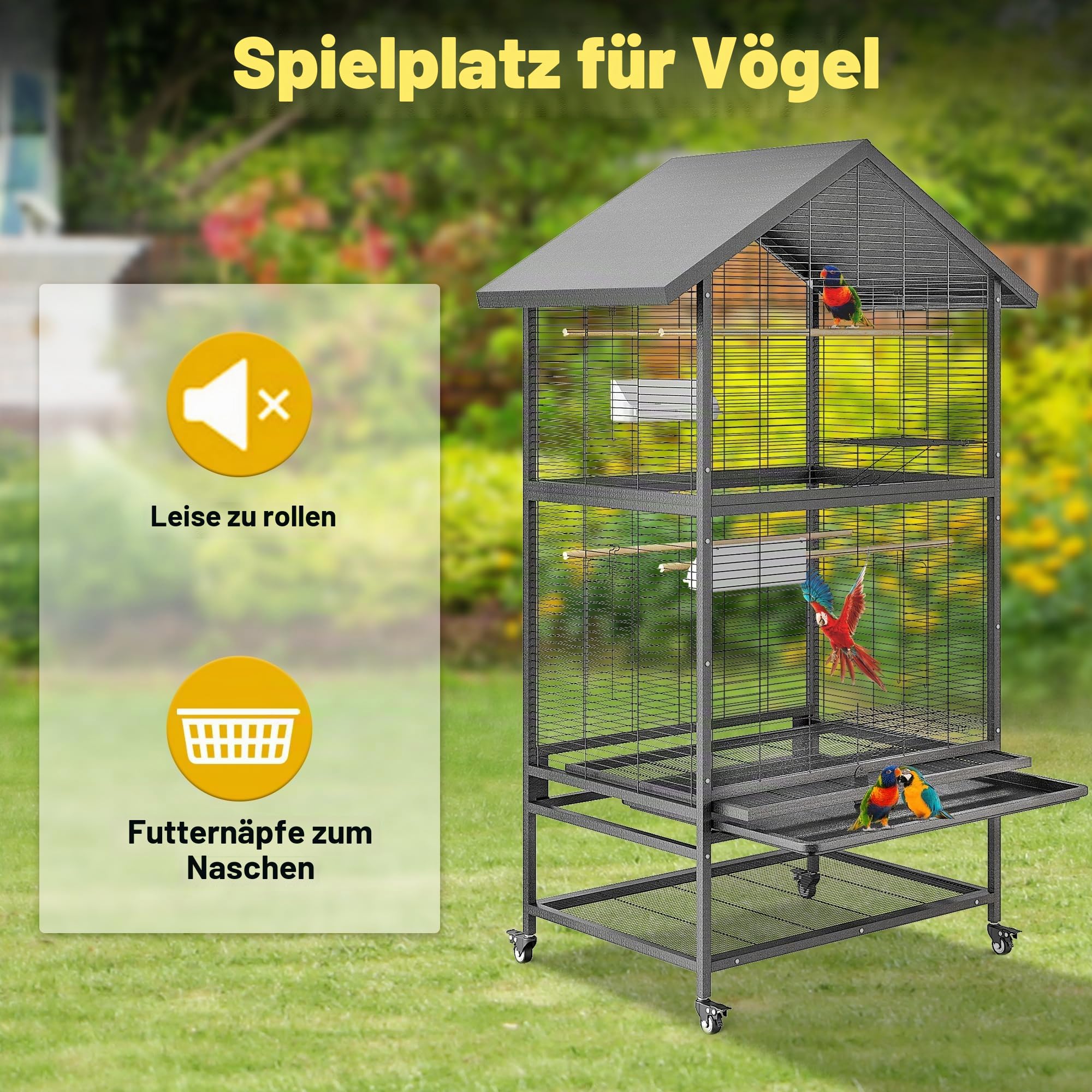 GroßEr VogelkäFig, 166 cm GroßEr Metall-Futterspender Mit RäDern, FlugkäFig Mit 4 Metall-Futterspendern, Holzsitzstangen Und Ablage