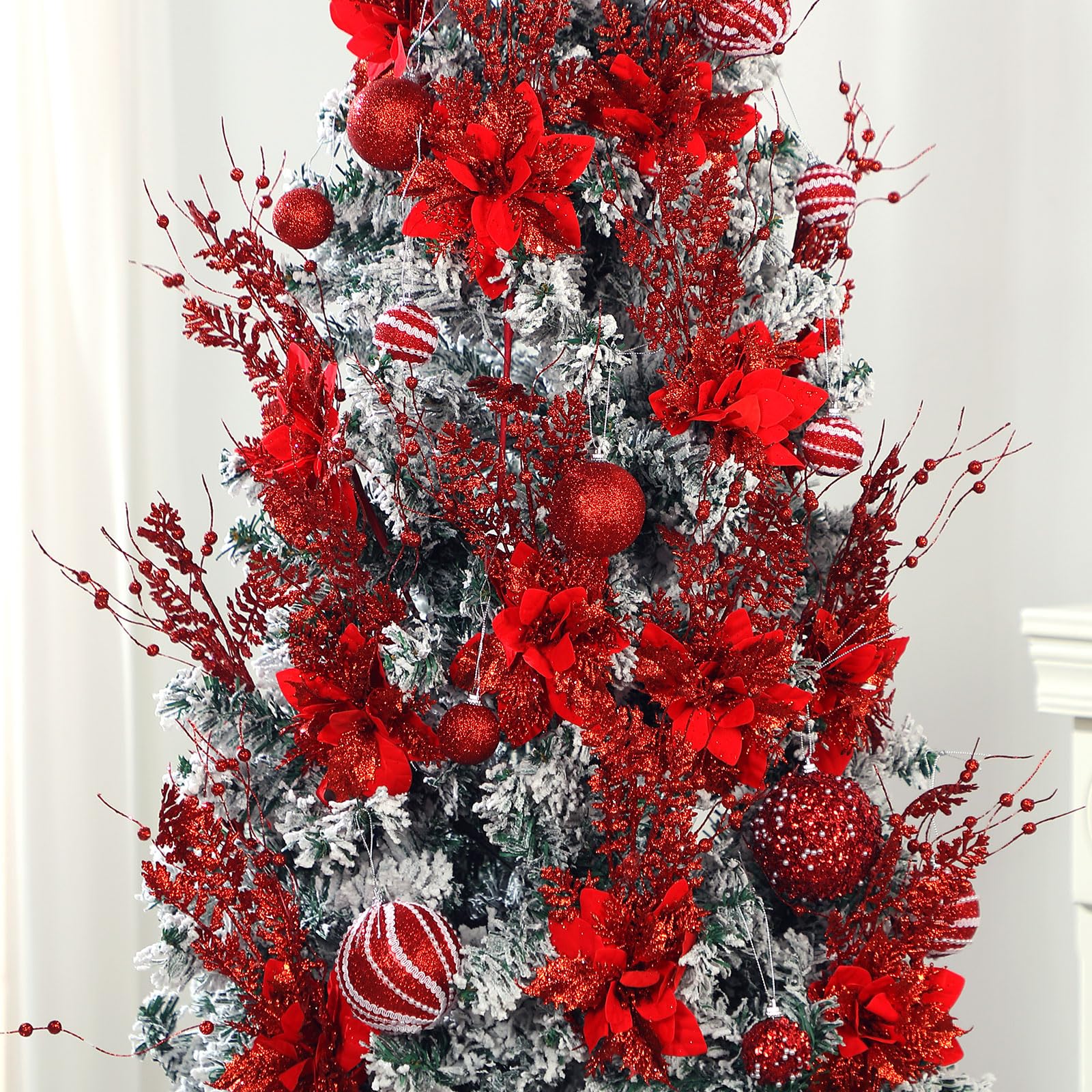 Canlierr 15 Stück 43,2 cm künstliche Glitzer-Beerenstiel-Ornamente mit Weihnachtsstern, Weihnachtsstern, für Weihnachtsbaum, Vase, Urlaub, Party, Heimdekoration (rot)