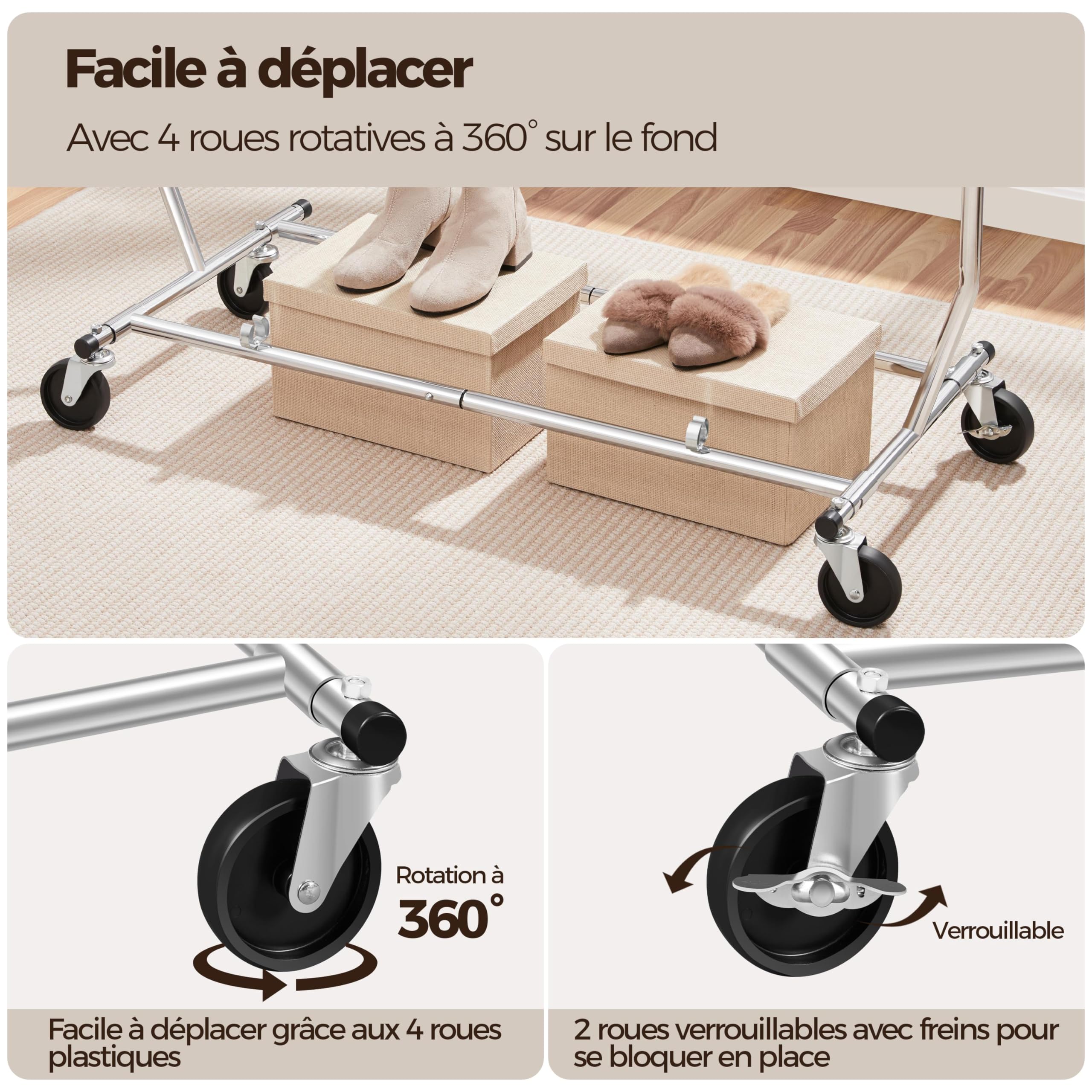 Yaheetech Portant à Vêtement Porte-manteau avec Etagères à Chaussures Métal Chromé Plus Long Haut Large Réglable Pliable avec Roulettes Mobile Charge 90kg, 190 x 55 x 178 cm