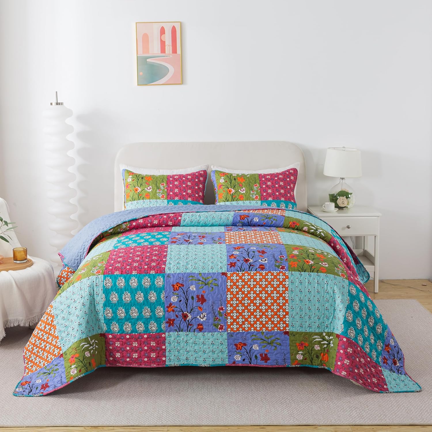 SLPR All is Bright 3-Piece Quilt Set – Queen Size with 2 Shams, Summer Lightweight Quilted Bedspread with Colorful Patchwork, Bohemian Vintage-Inspired Bedding for All Seasons - Image 2