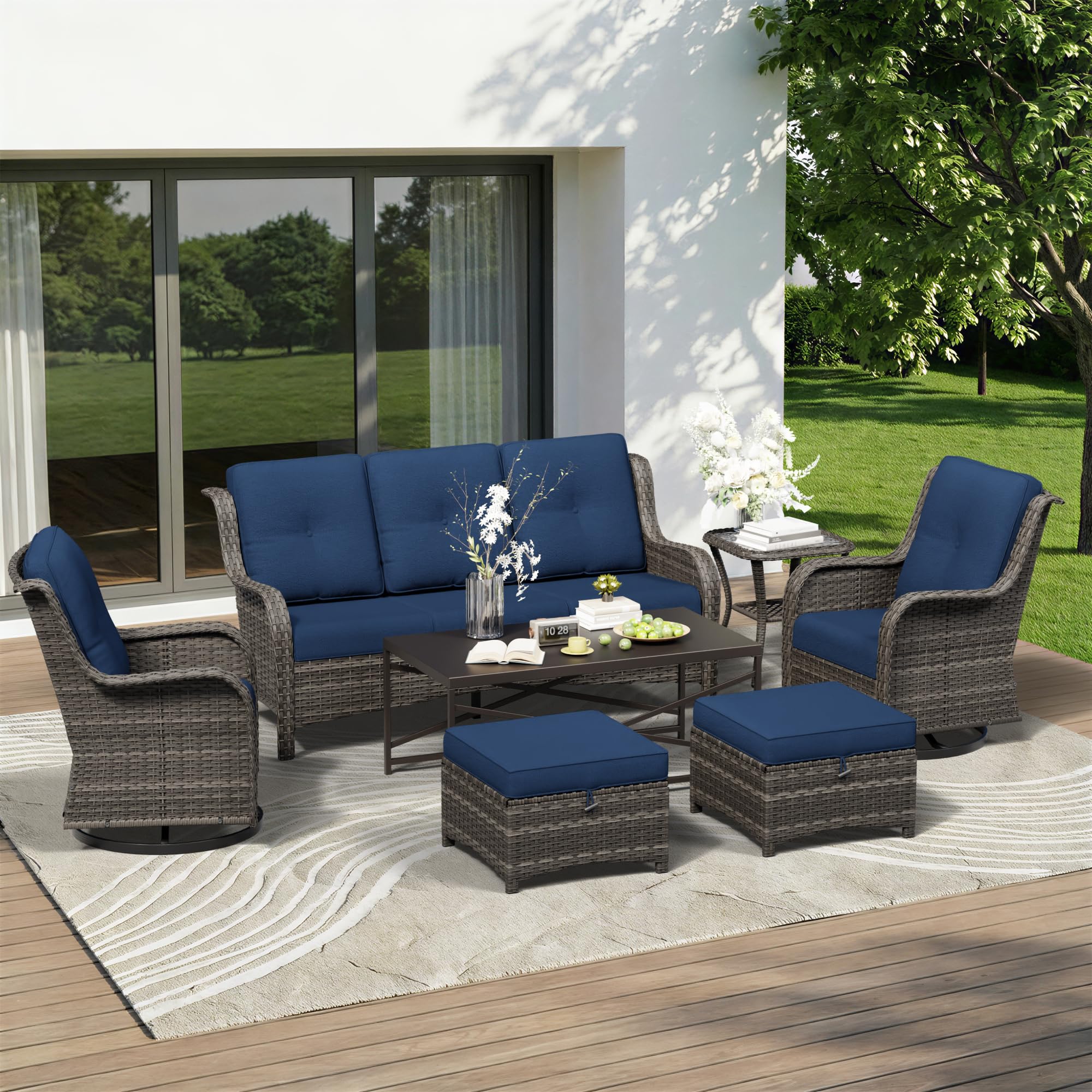 7 Piece Outdoor Wicker Patio Furniture Set, Outdoor Swivel Rocker Patio Chairs Set with Thickened Olefin Cushions, High Back and Deep Seating, Hand-Woven PE Rattan for Porch, Deck