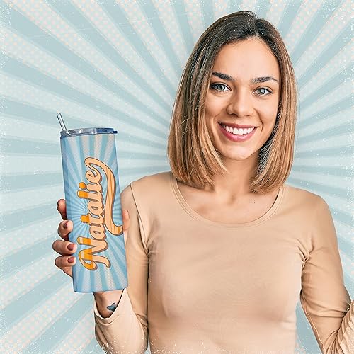 Miniatura 3 de Vaso delgado retro personalizado de 20 onzas con popote y tapa, 10 diseños retro, vaso sin BPA personalizado con nombre, regalos de cumpleaños para