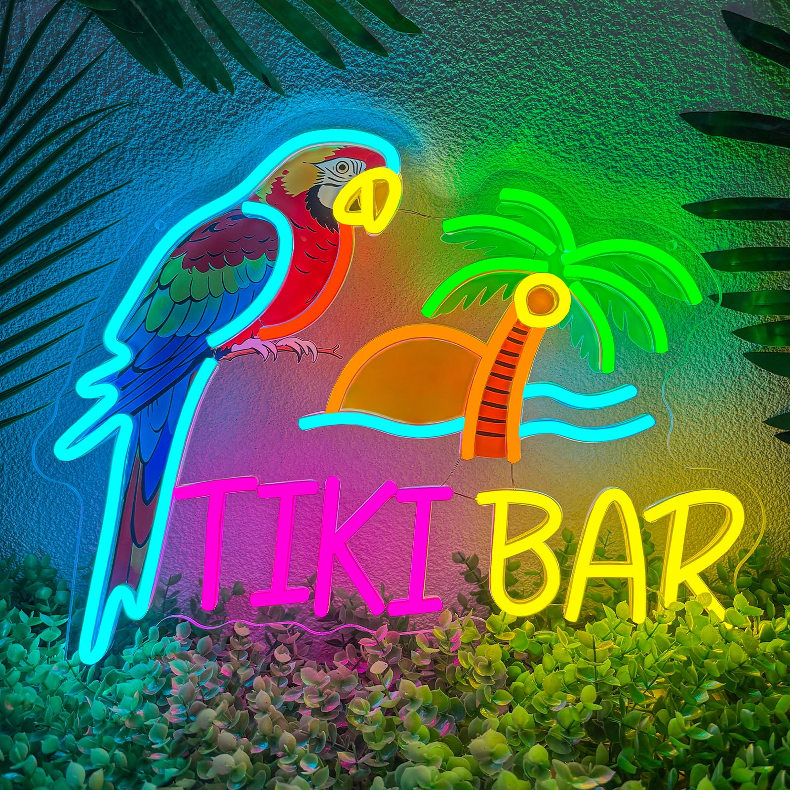 Tiki Bar Targa neon tropicale pappagallo palma LED luce al neon alimentata tramite USB, dimmerabile, spiaggia, tramonto, bar, illuminazione a LED, decorazione da parete per casa, grotta degli uomini