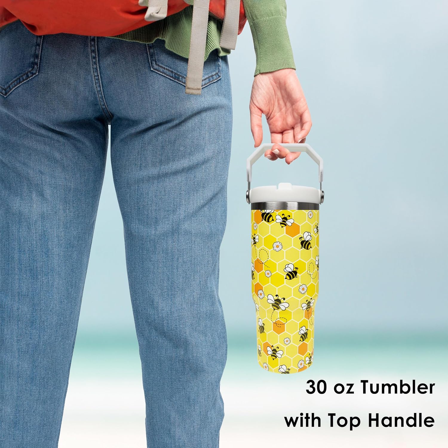 Sps 30 oz Bee Flip Straw Tumbler with Top Handle - Insulated, Reusable Vacuum Tumbler with Flip Straw and Handle for Home, Office, Car - Dishwasher Safe - Yellow Bee image 2