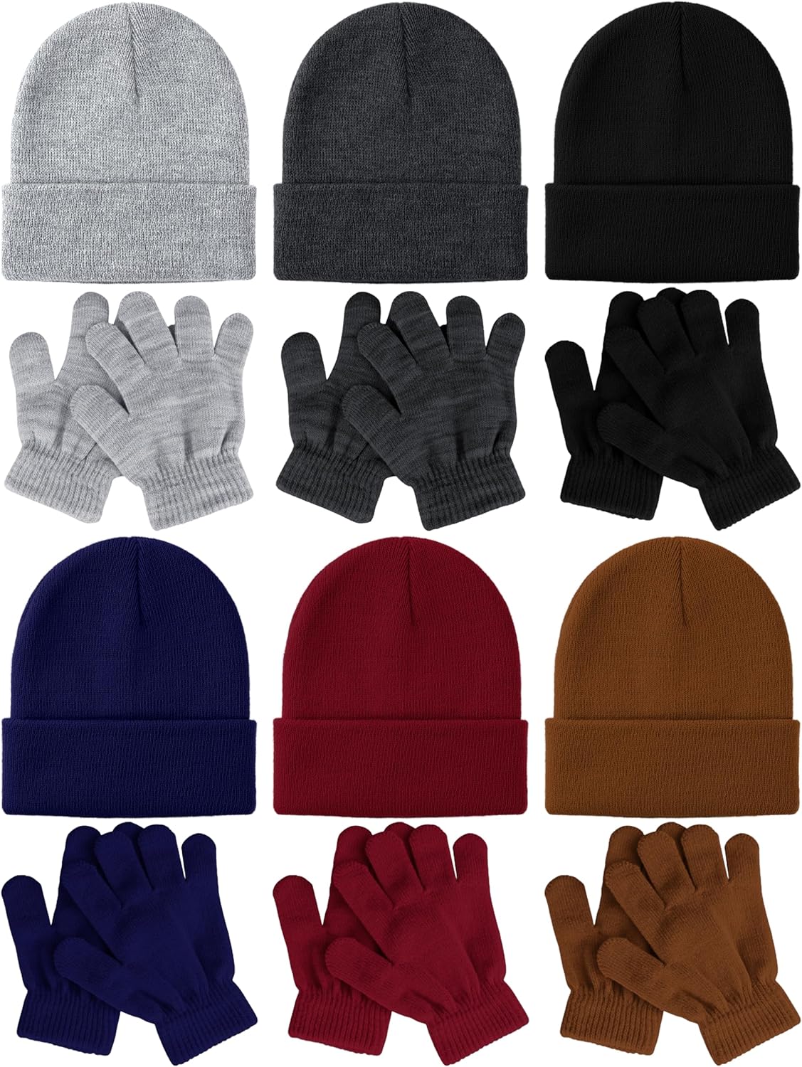 Glooarm 12 Pack Kids Winter Beanies Hats Gloves Set, Boys Warm Winter Caps Knit Full Fingers Gloves for Boys Girls