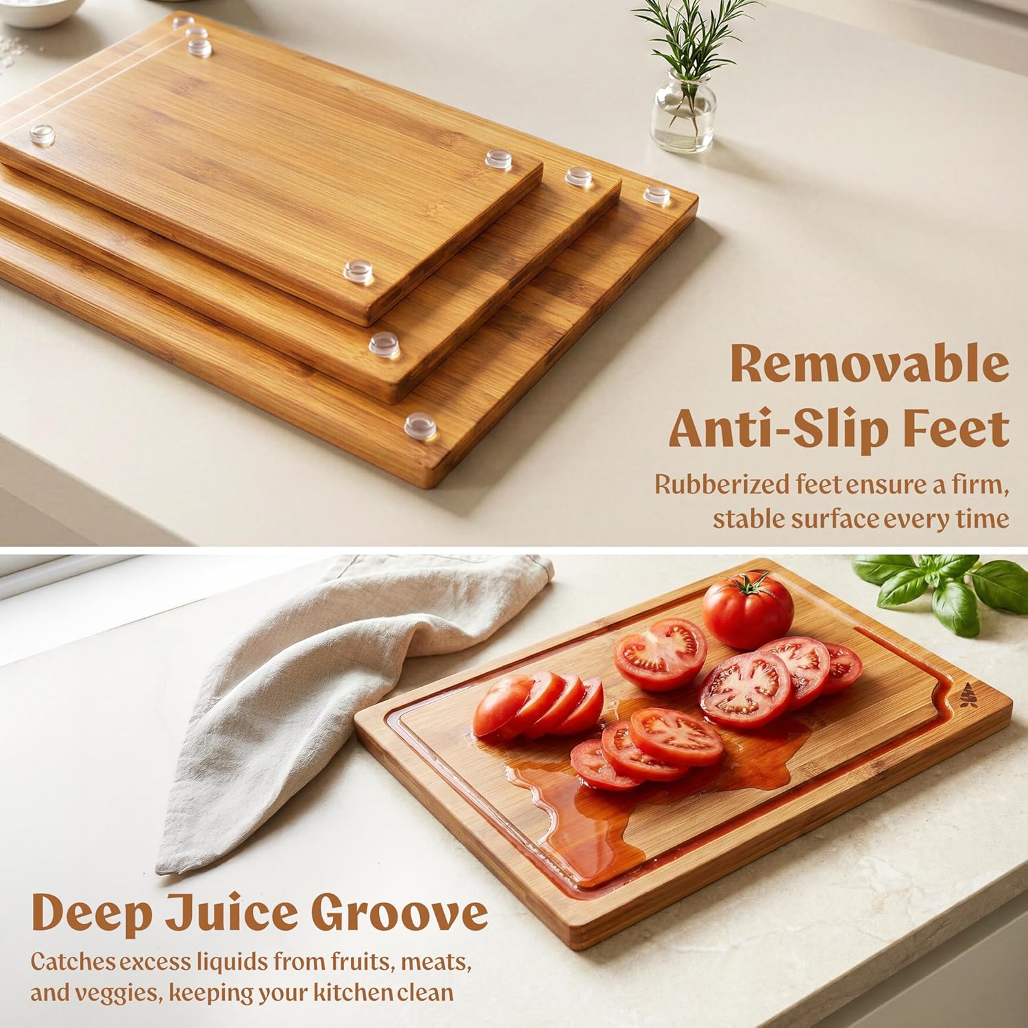 EDELHAUS Carbonized Bamboo Cutting Boards – Cutting Board Set of 3 Heat Treated for Rich Color & Lower Moisture Absorption, Chopping Boards with Juice Groove, Non-Toxic, FSC Certified incl. Stand