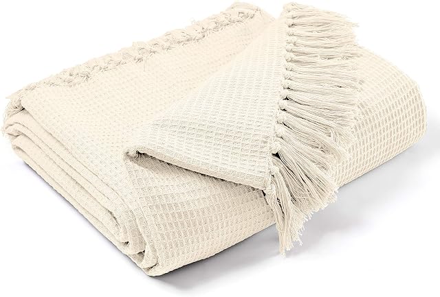 EHC Waffle Cotton Woven Arm Chair Sofa Single Throw 1 Seater Chair/Sofa/Bed 127 x 152 cm, Cream