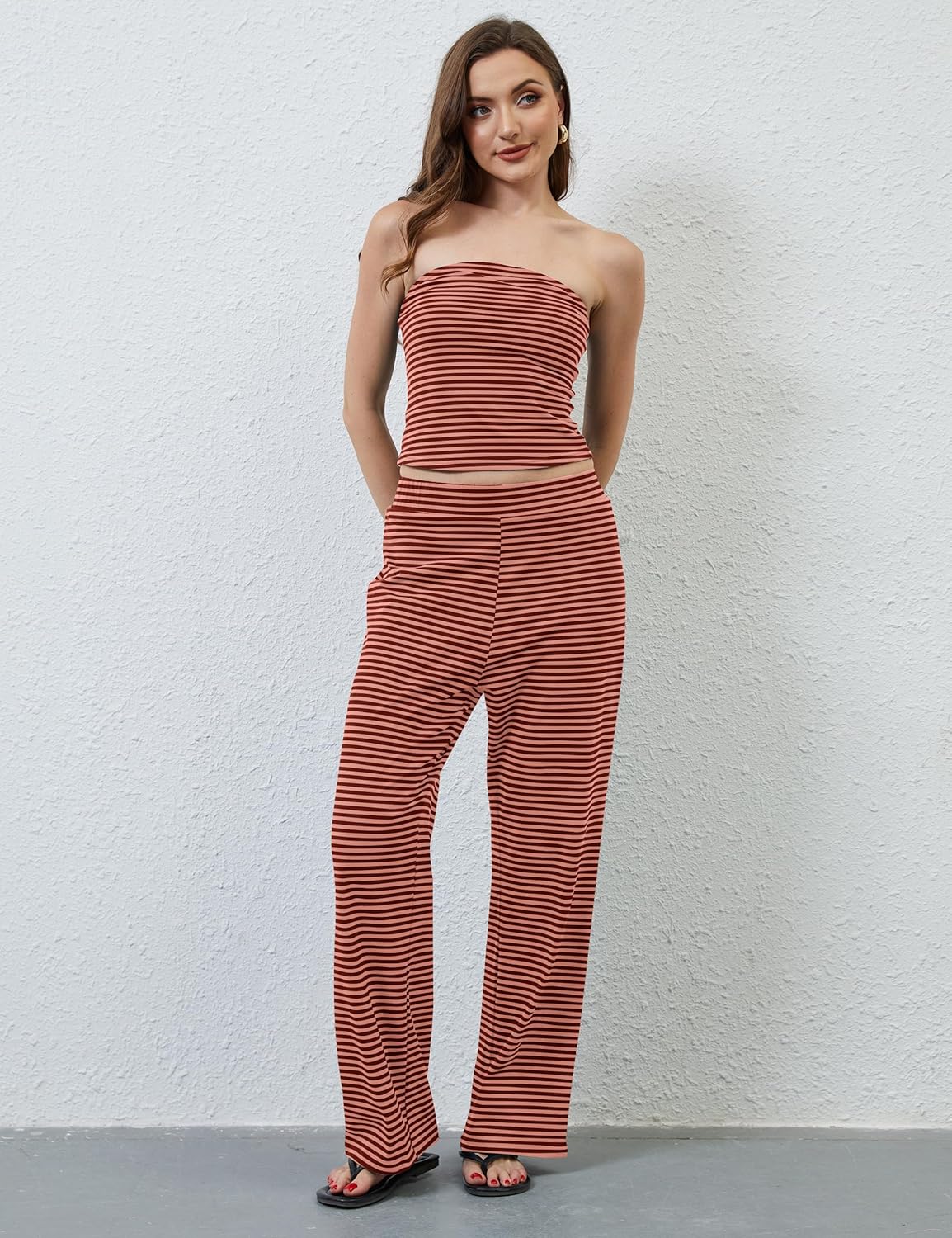 MISSACTIVER Women Two Piece Sets Striped Matching Outfits Strapless Crop Tube Top and Elastic Waist Wide Leg Pants Set - Image 4