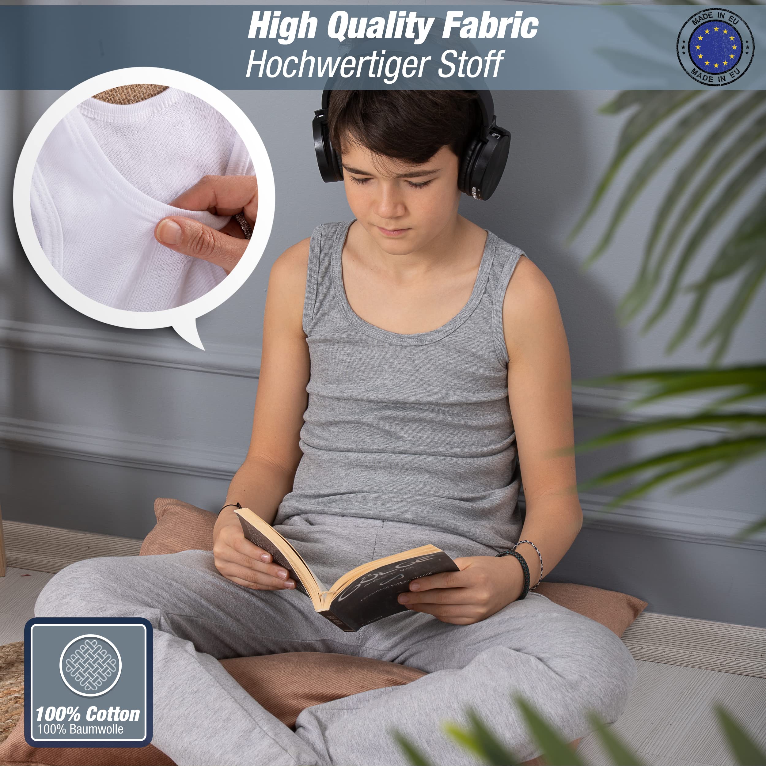 LOREZA 5 Pack Jungen Unterhemden Feinripp 100% Baumwolle ohne Seitennaht Tank Top - Atmungsaktiv und Formstabil