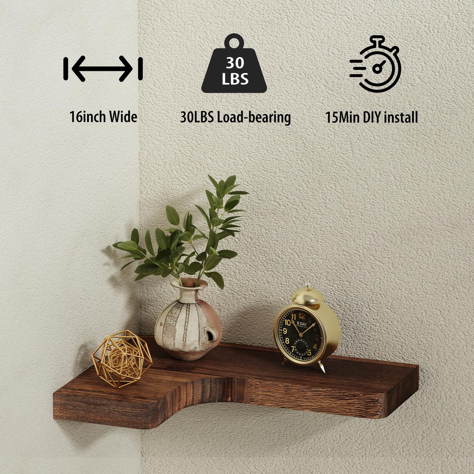 SAUMONIERES Estantes flotantes de esquina para montaje en pared, madera maciza para dormitorio, baño, cocina, almacenamiento, juego de 3, marrón rústico, soportes invisibles