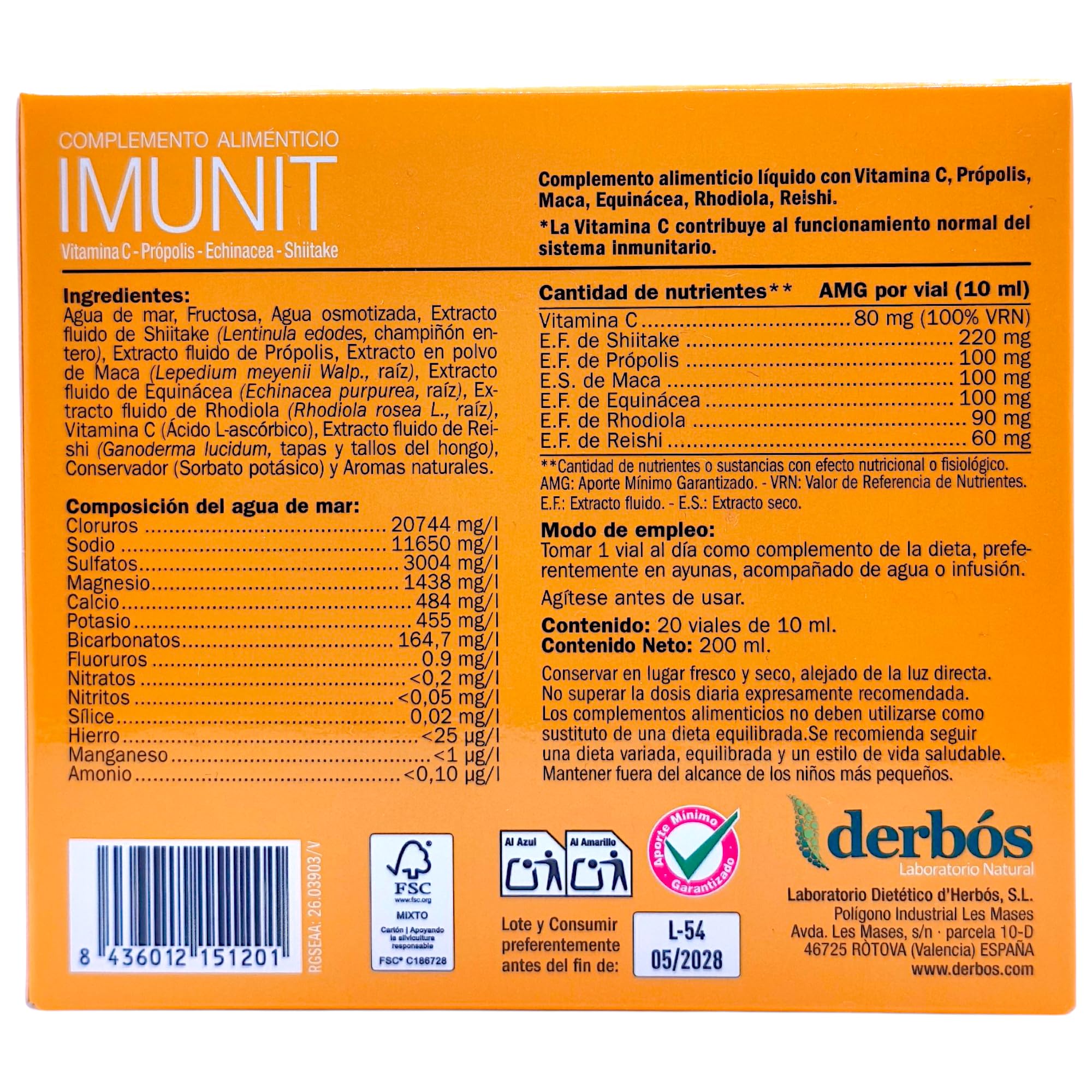Derbos Imunit 20 Viales de 10ml - Refuerzo Inmunitario de Choque con Shiitake, Reishi, Calostro, Equinácea y Própolis - Defensas Naturales y Vitalidad