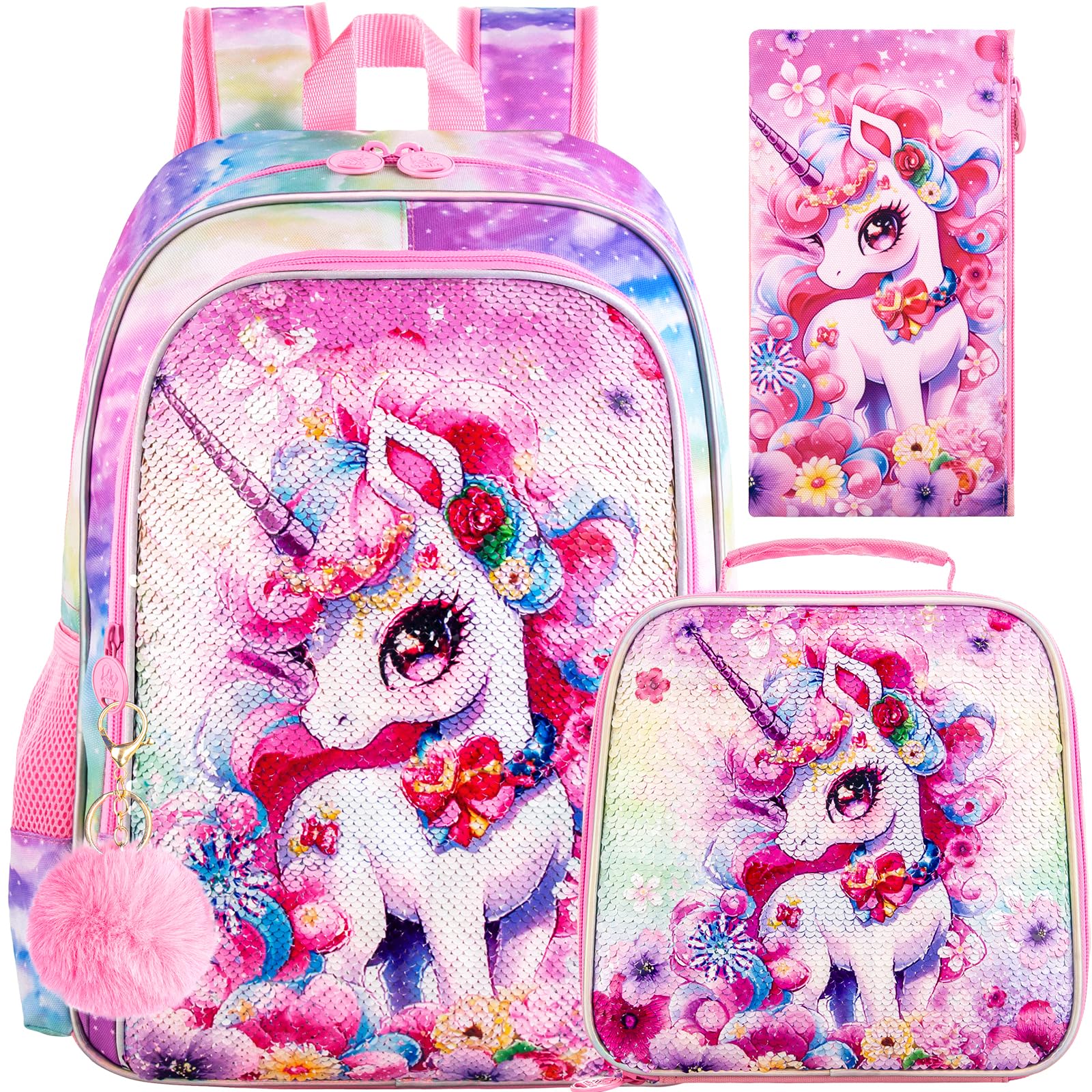 HPJGD 3PCS Unicorn Backpack for Girls, Water Resistant Kids Sequins Bookbag Set with Lunch Box，Cute Elementary School Bag for Preschool Toddler