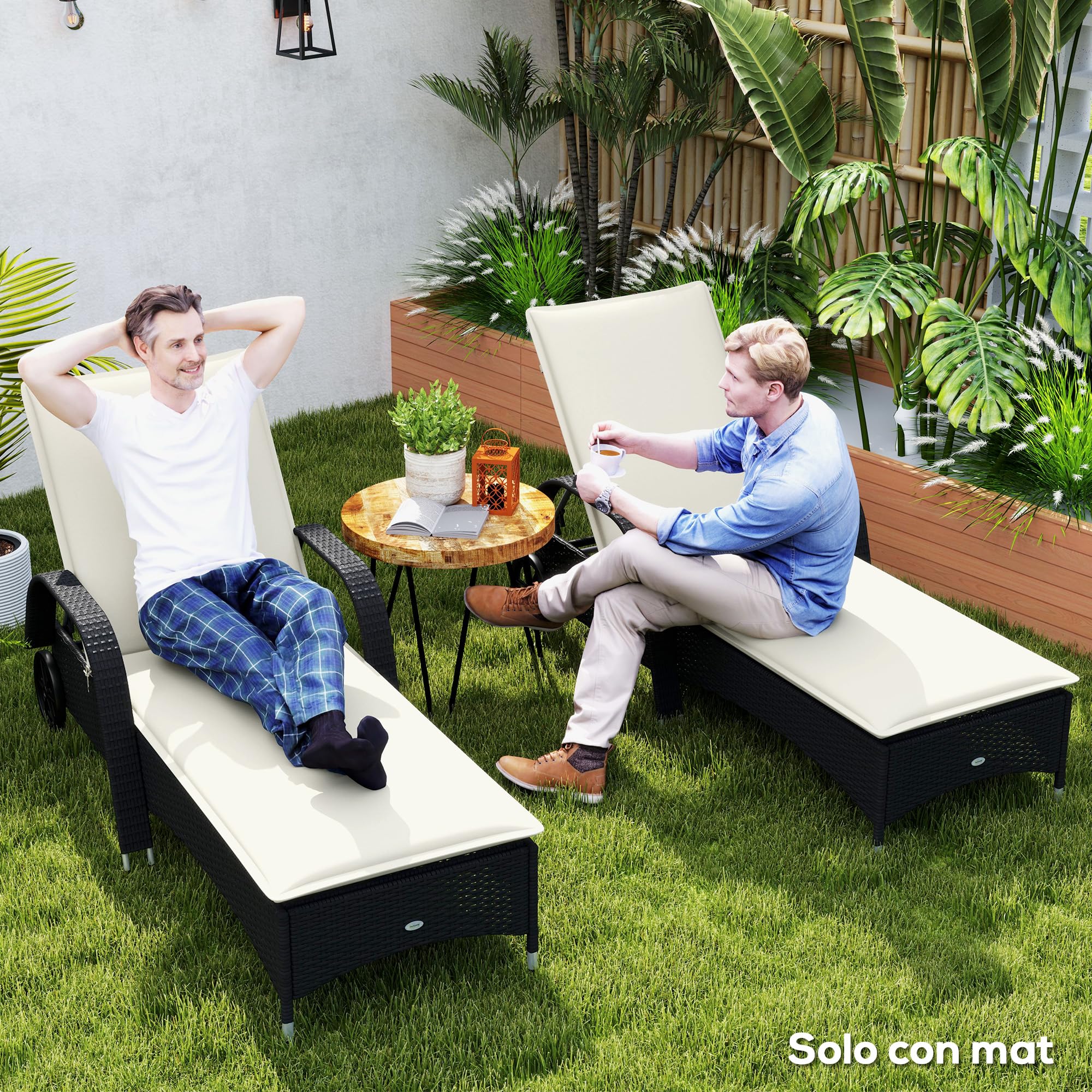 Outsunny Pack 2 Cojines para Tumbonas Plegables UV 193x58x6 cm Crema | Colchonetas para Tumbonas de Jardín Exterior, Con Correas de Sujeción, Resistente a Salpicaduras